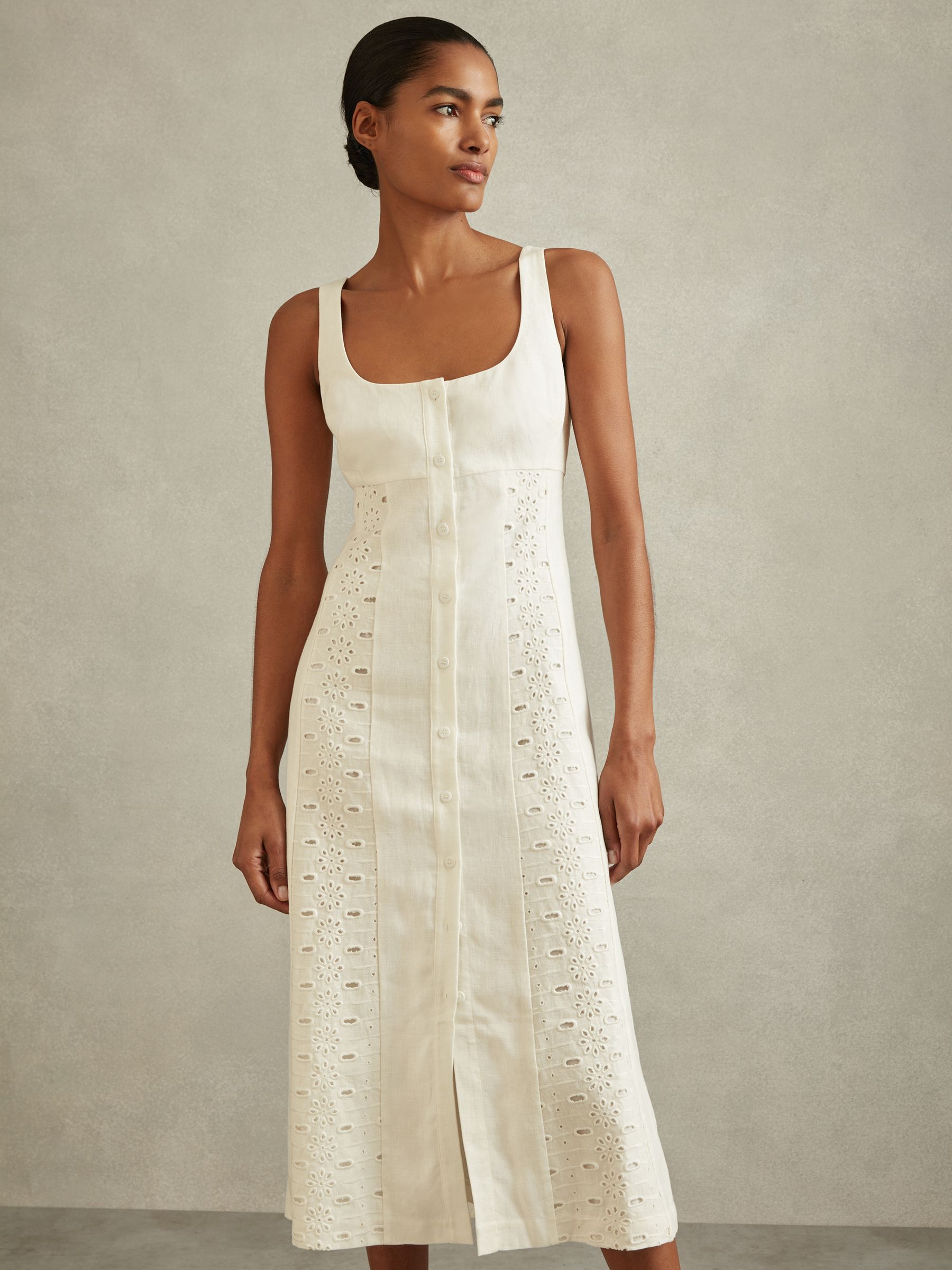 Linen Broderie Midi Dress in Ivory
