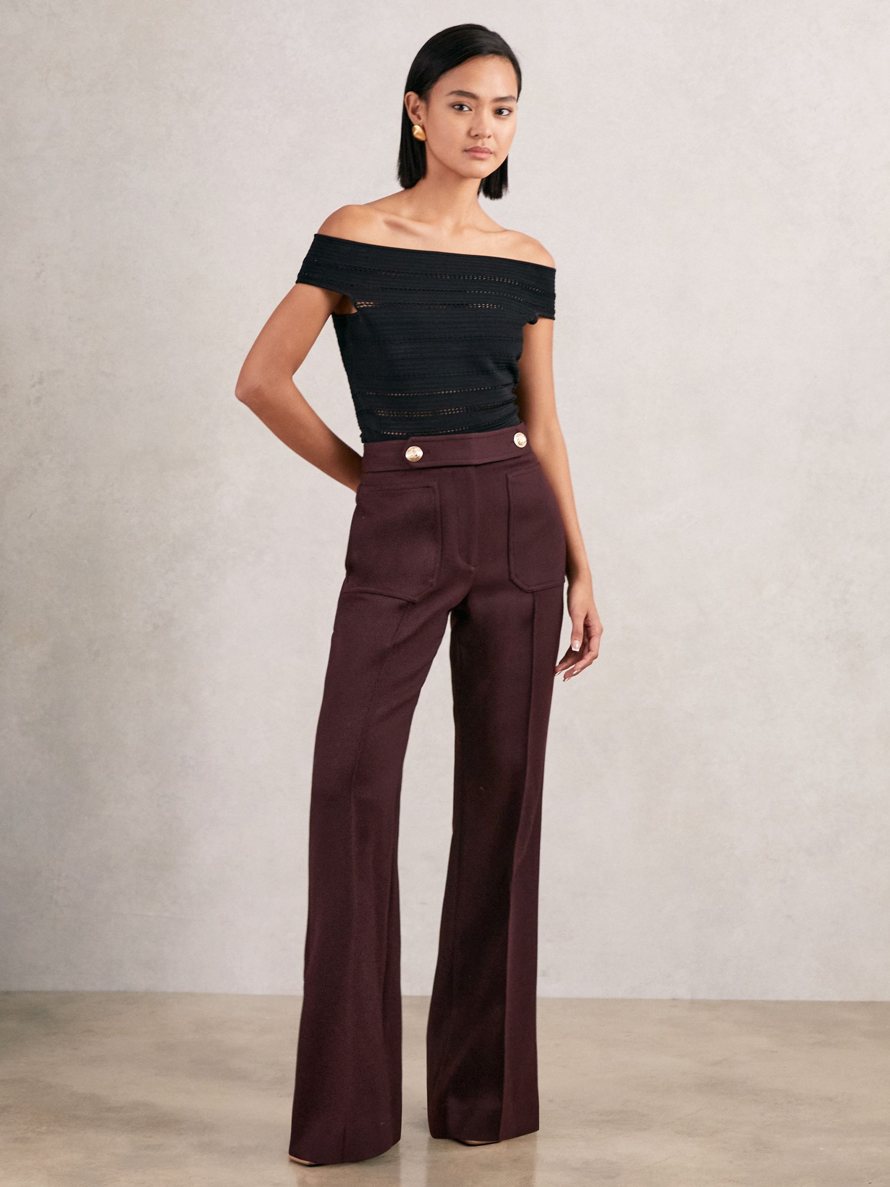 Twill Button-Tab Flared Trousers With Wool in Burgundy