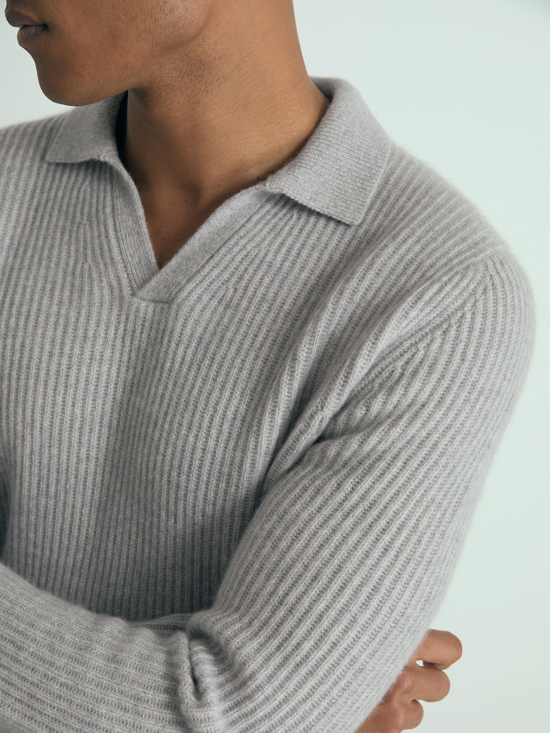 Atelier Ribbed-Cashmere Polo Shirt in Soft Grey Melange