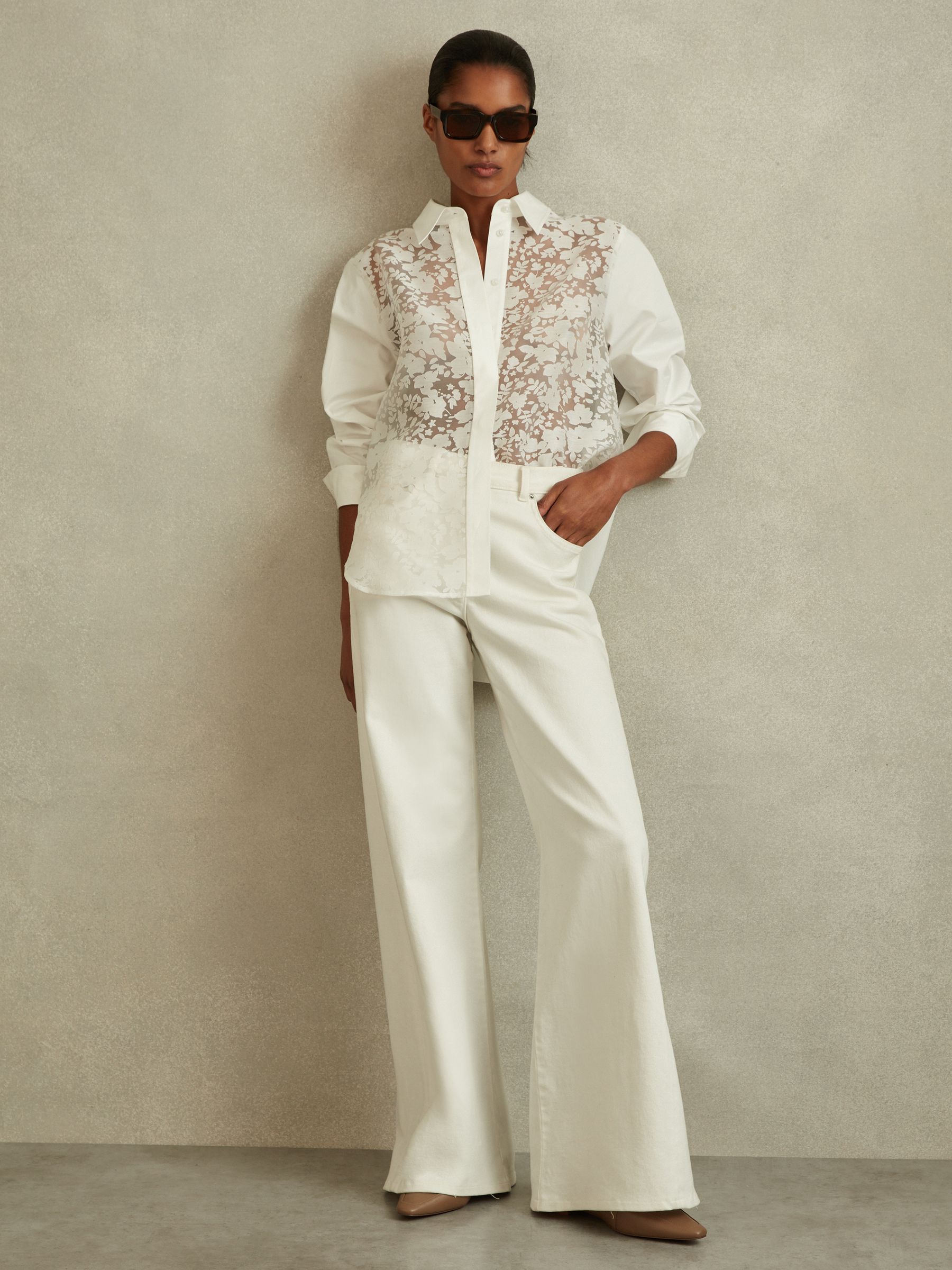 Cotton Burnout Floral Shirt in Ivory