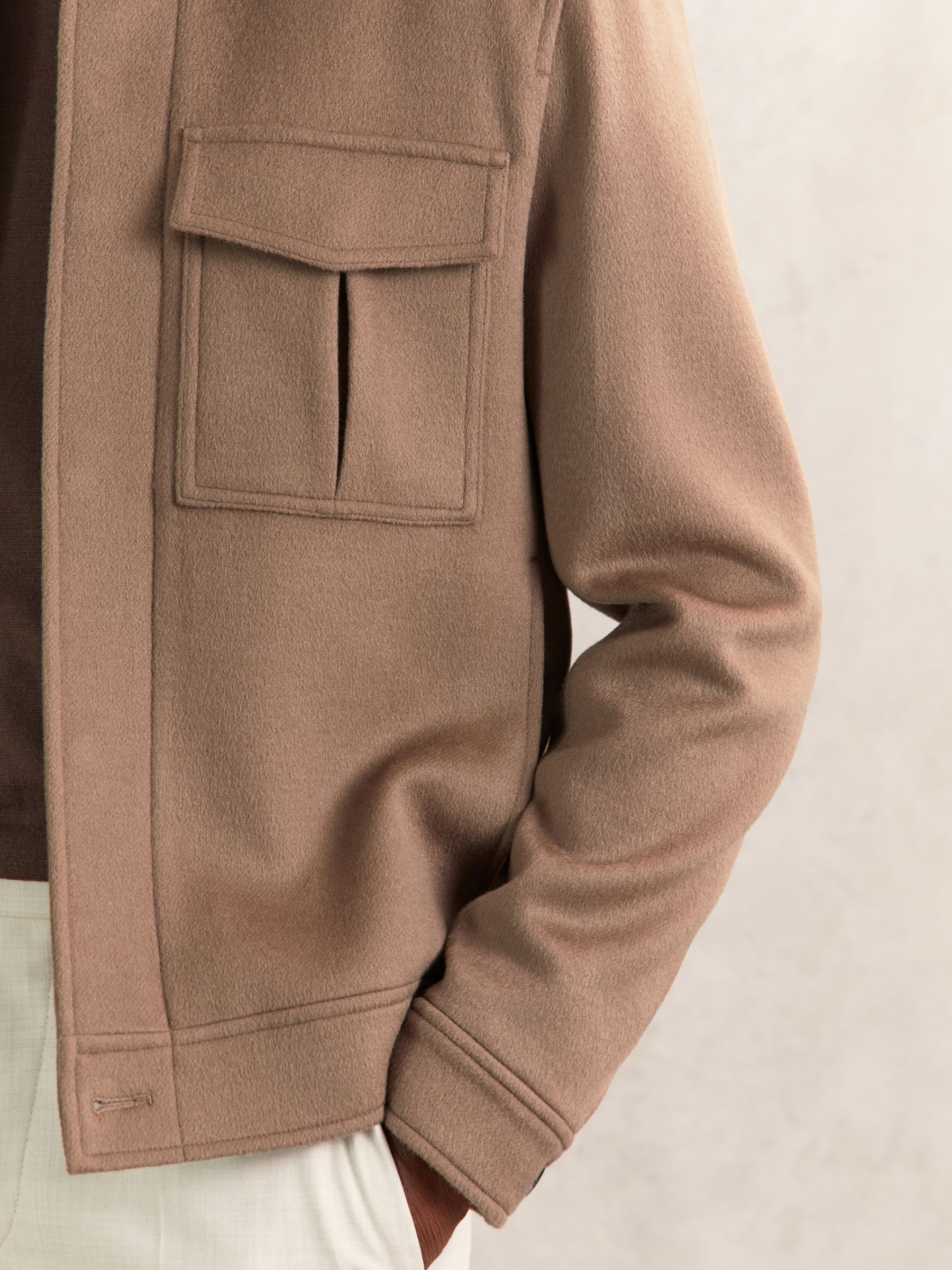 Wool Blend Twin Pocket Zipped Jacket in Dark Brown