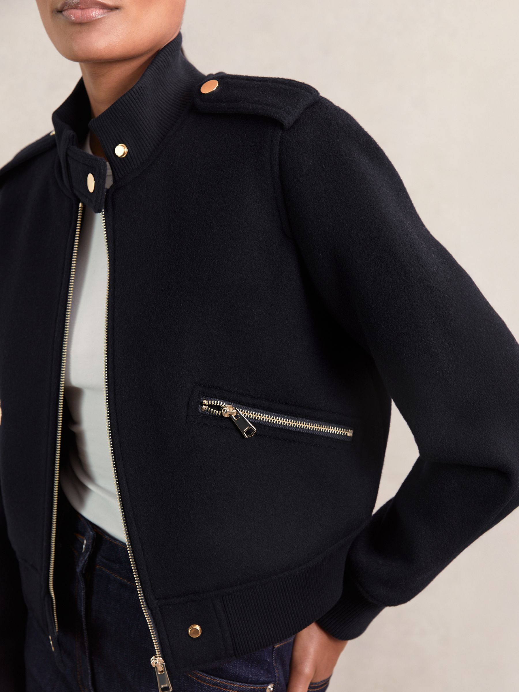 Brushed Wool Epaulette Bomber Jacket in Navy
