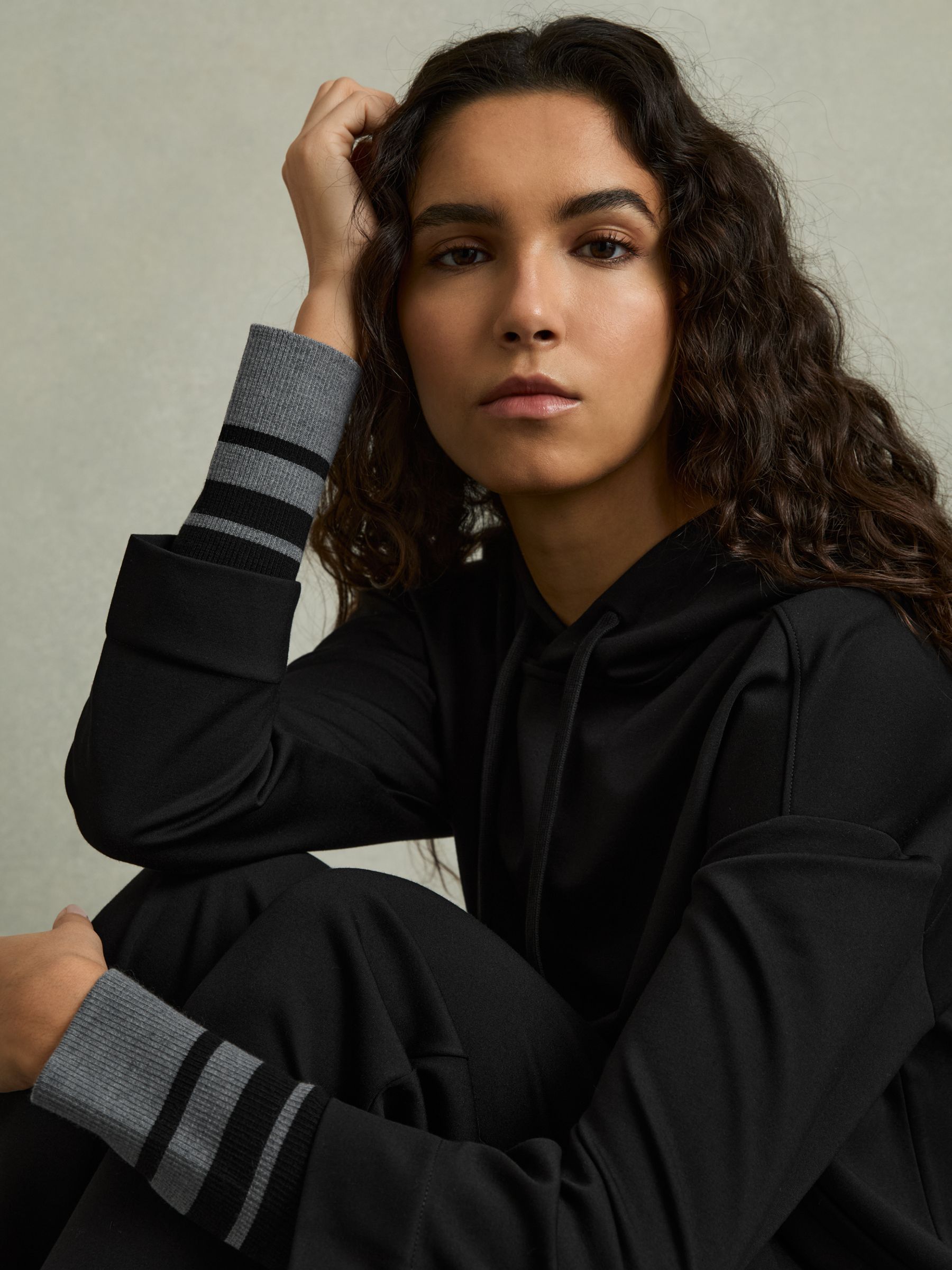 Drawstring Jersey Hoodie in Black/Charcoal