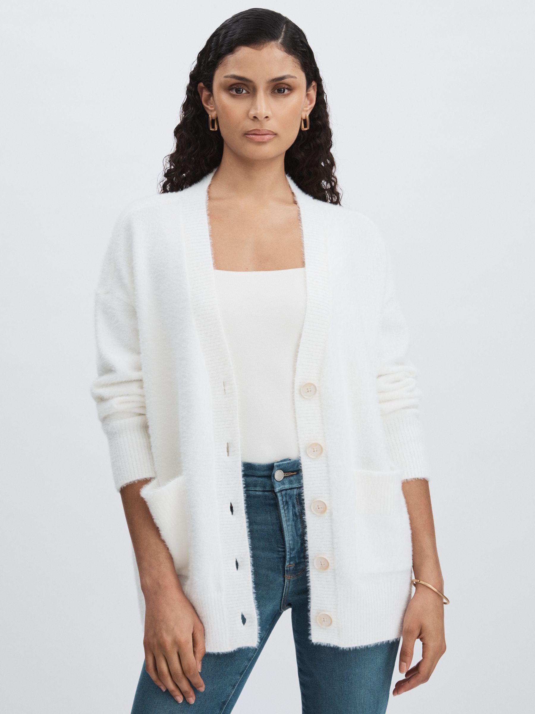 Good American Oversized Plush Cardigan in White