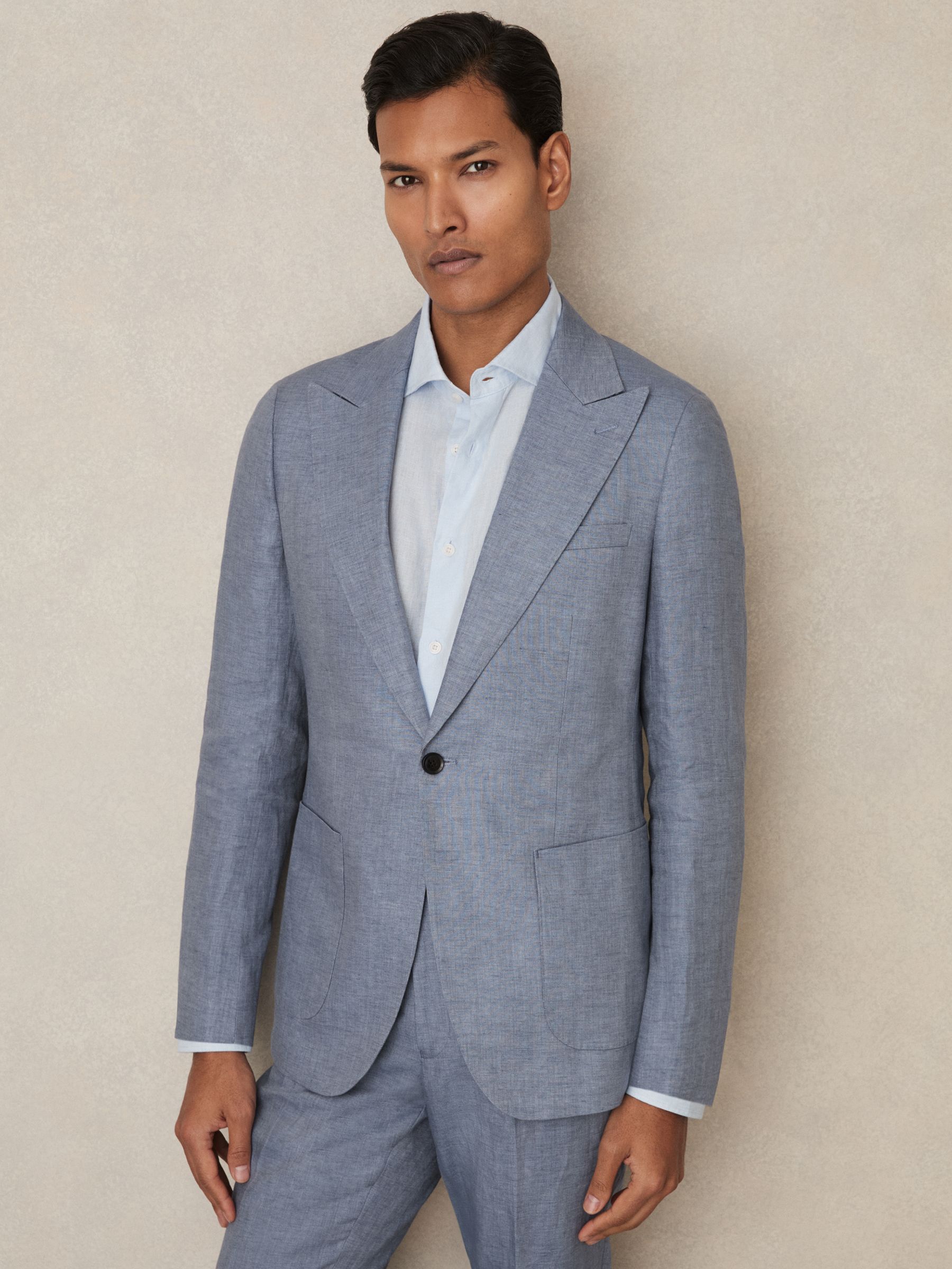 Linen Single-Breasted Suit Blazer Slim-Fit in Airforce Blue