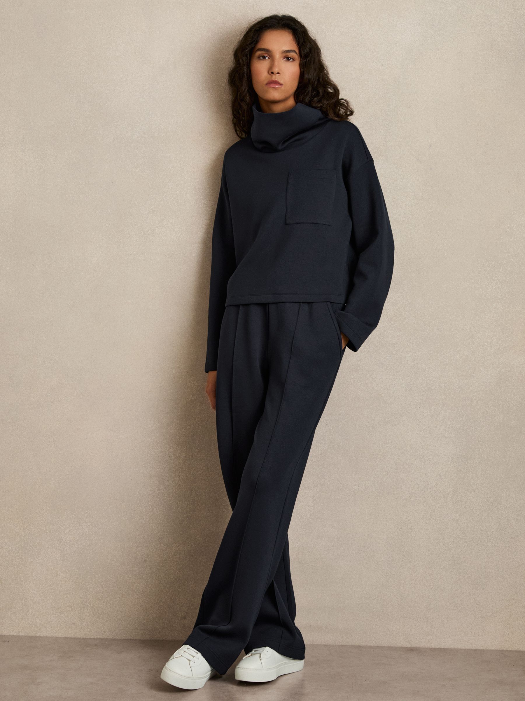 Interlock Jersey Funnel Neck Sweatshirt in Navy