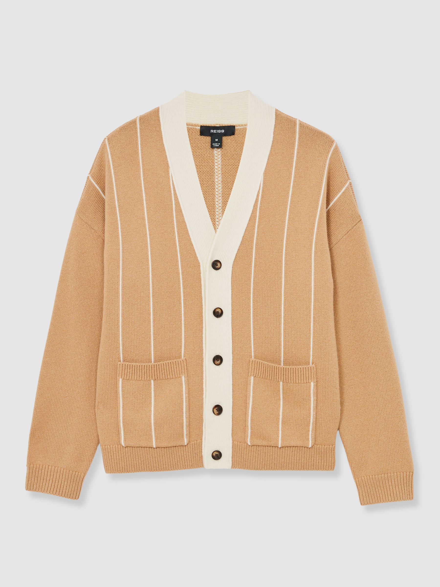 Wool-Blend Pinstripe Cardigan in Camel/White