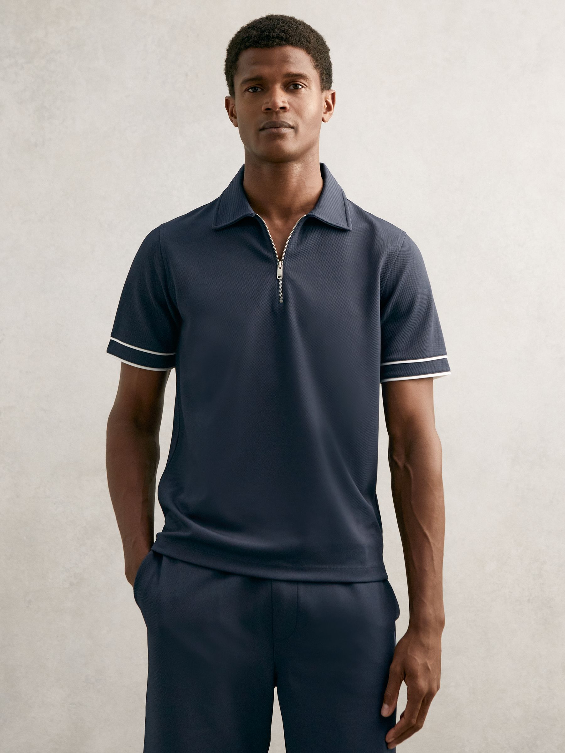 Textured Half-Zip Tipped Polo Shirt in Airforce Blue