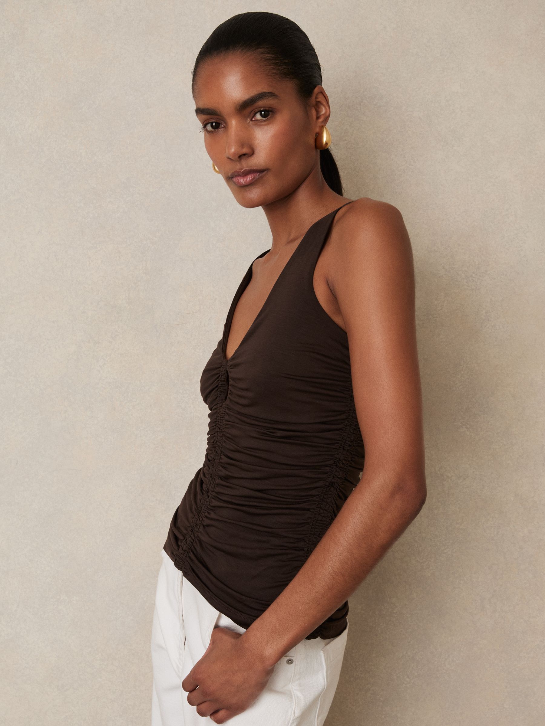 Stretch Lyocell Jersey Ruched Vest in Chocolate Brown