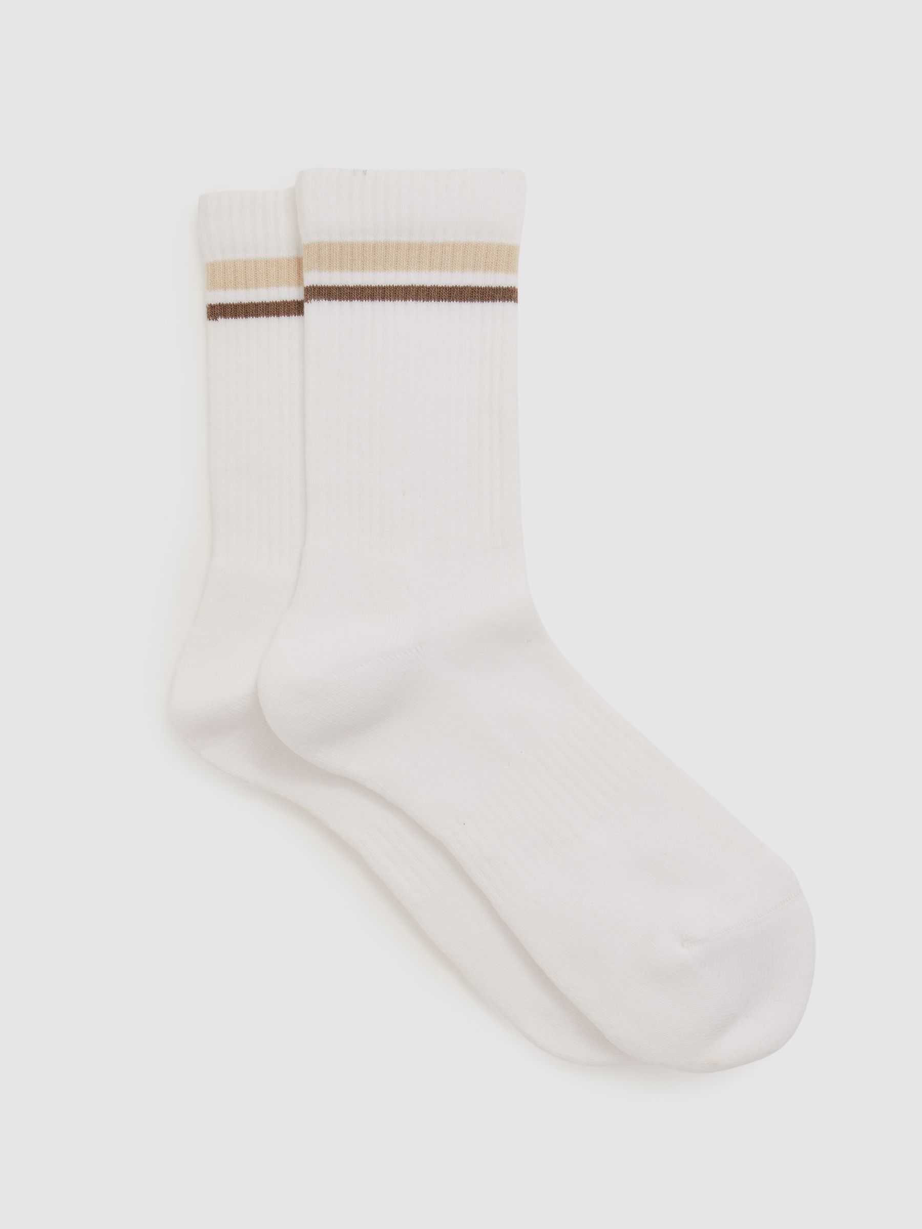 Cotton-Blend Striped Crew Socks in White