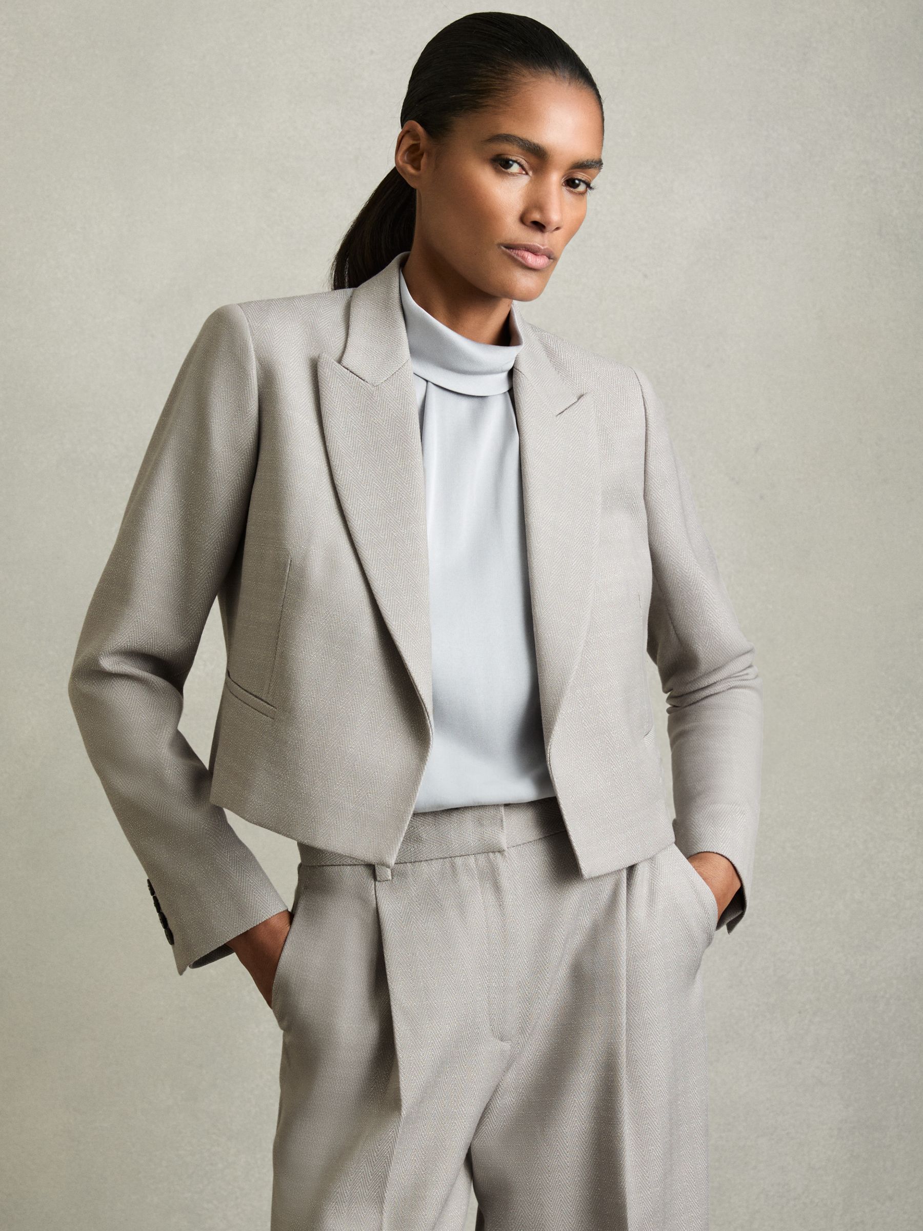 Double-Breasted Cropped Wool-Blend Blazer in Grey
