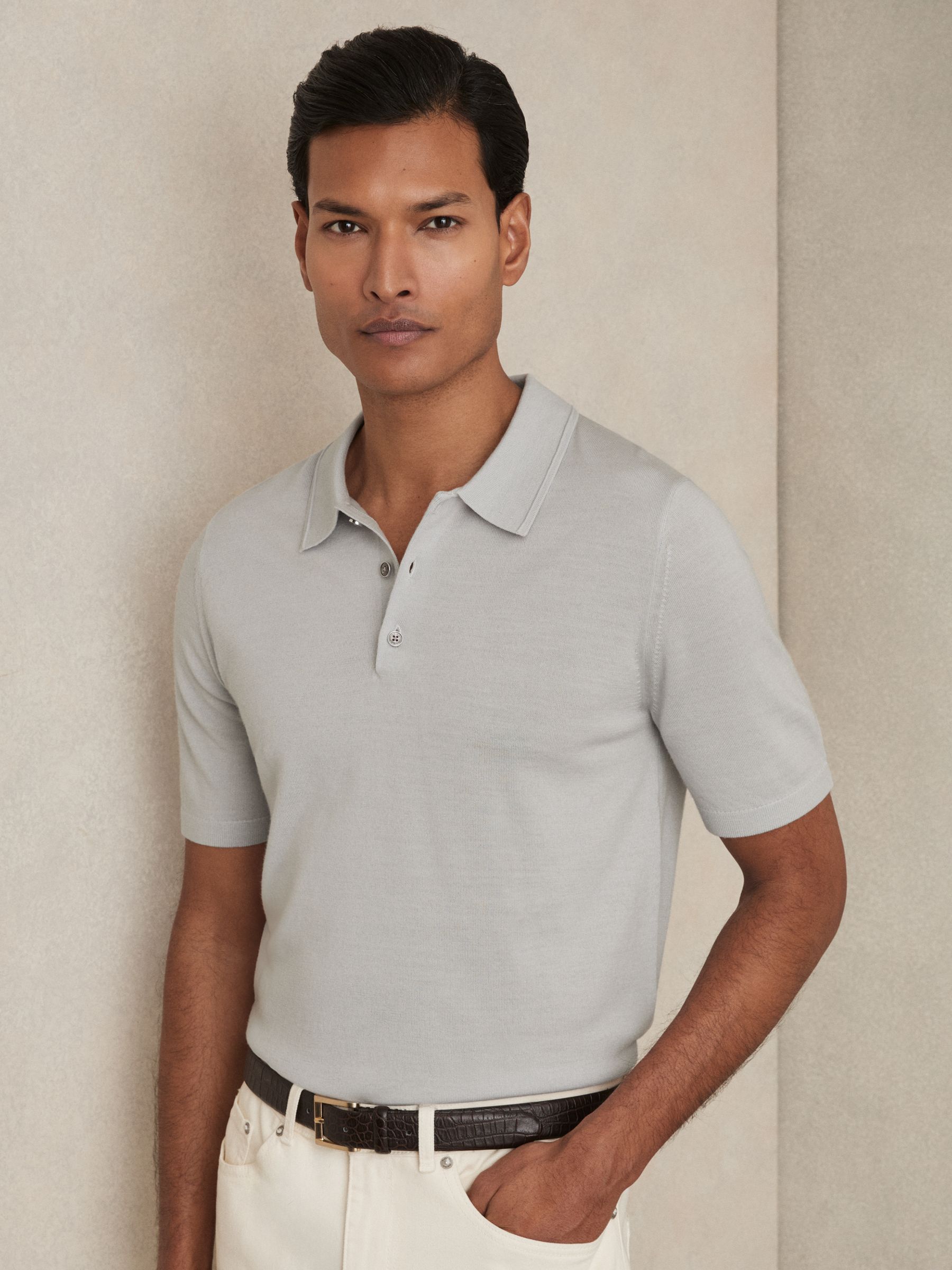Merino Wool Short-Sleeve Polo Shirt in Iced Blue