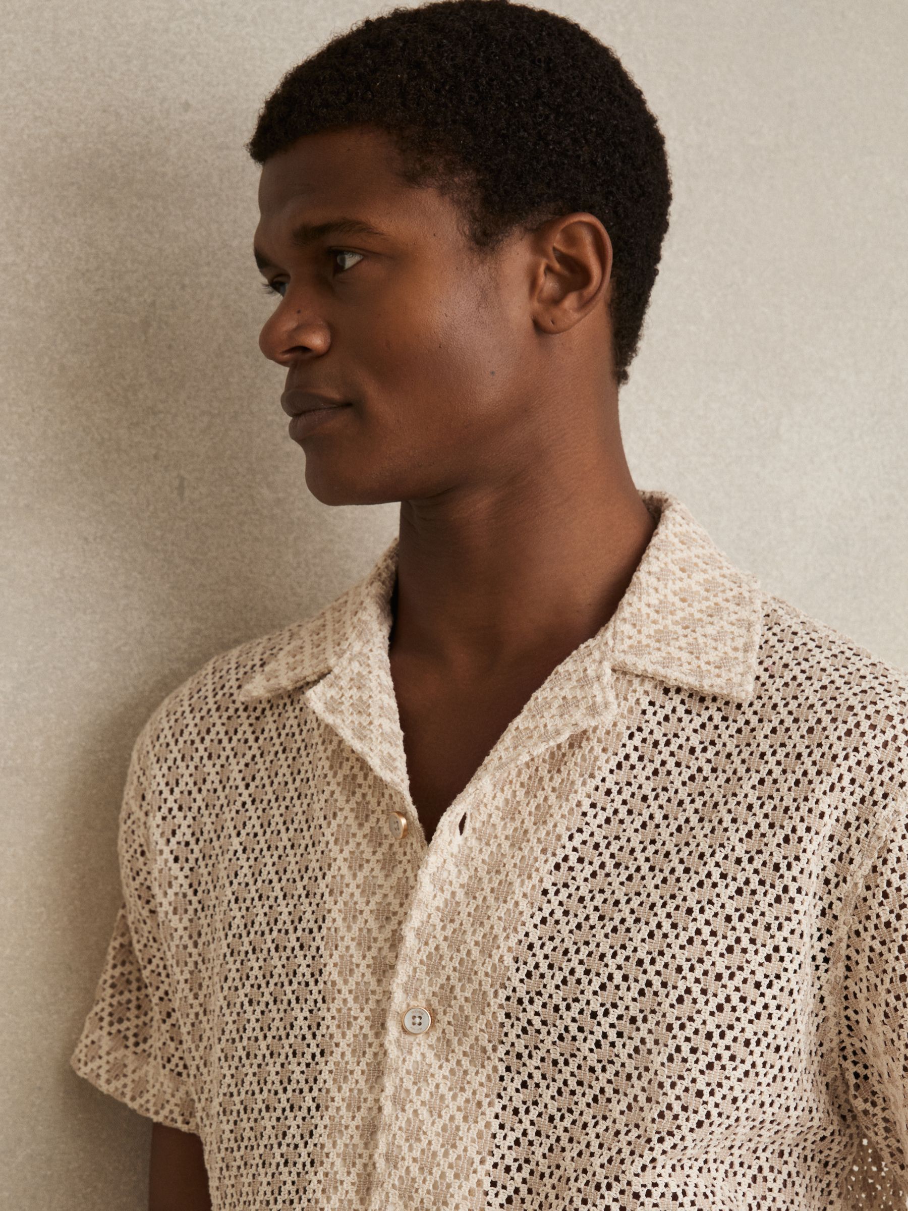 Crochet Cuban-Collar Shirt in Oatmeal