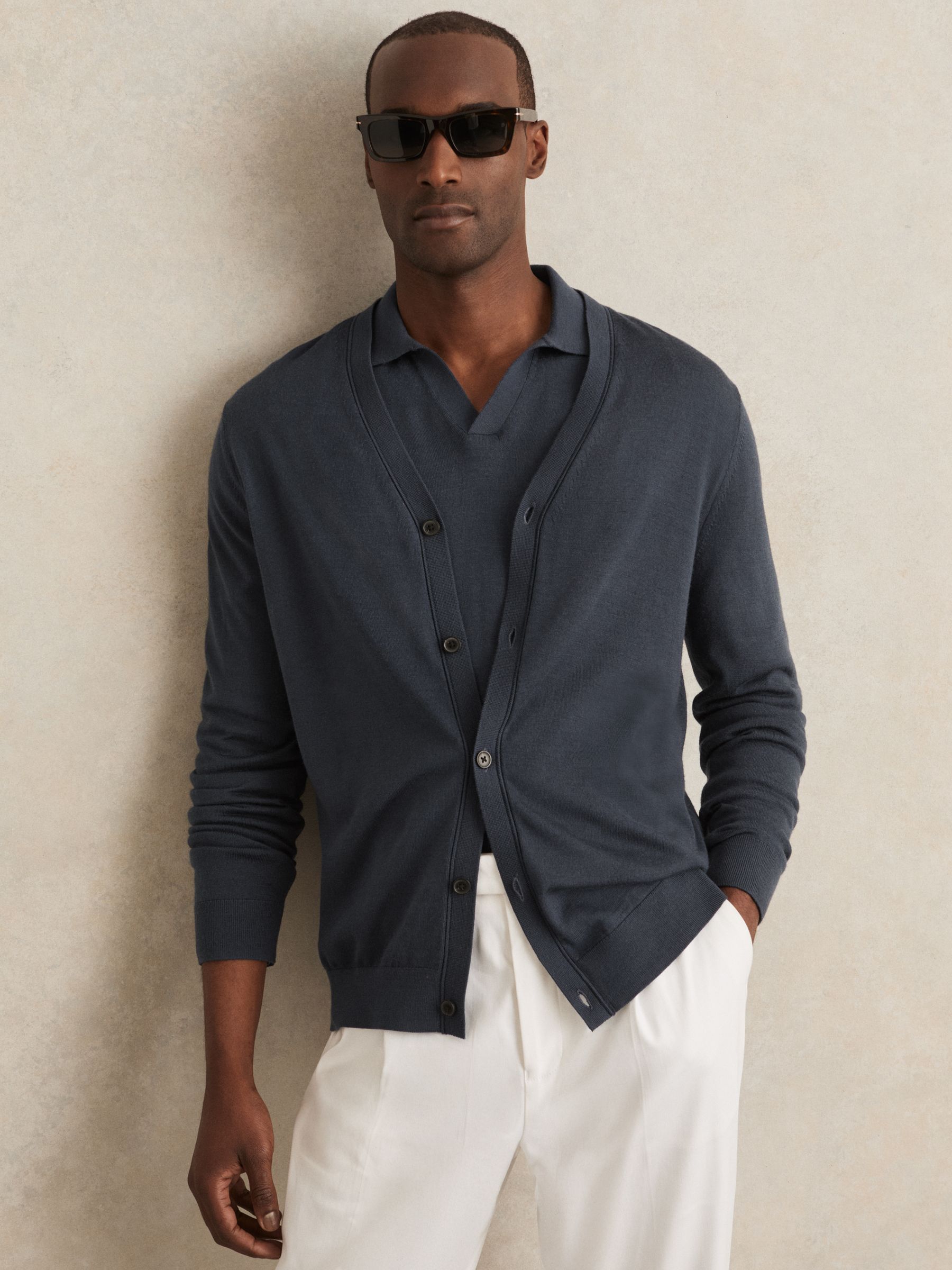 Merino Wool Button-Through Cardigan in Midnight Navy