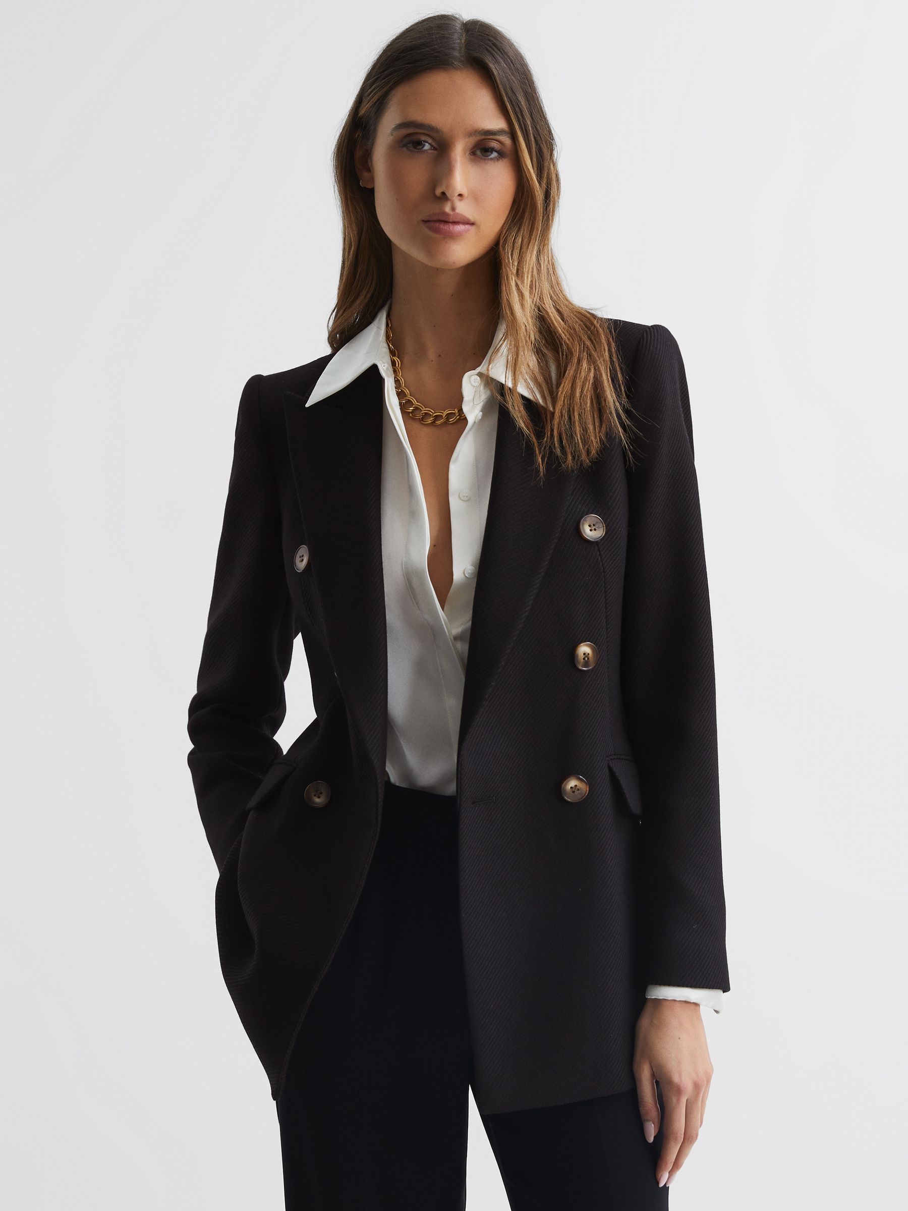 Petite Double Breasted Twill Blazer in Black