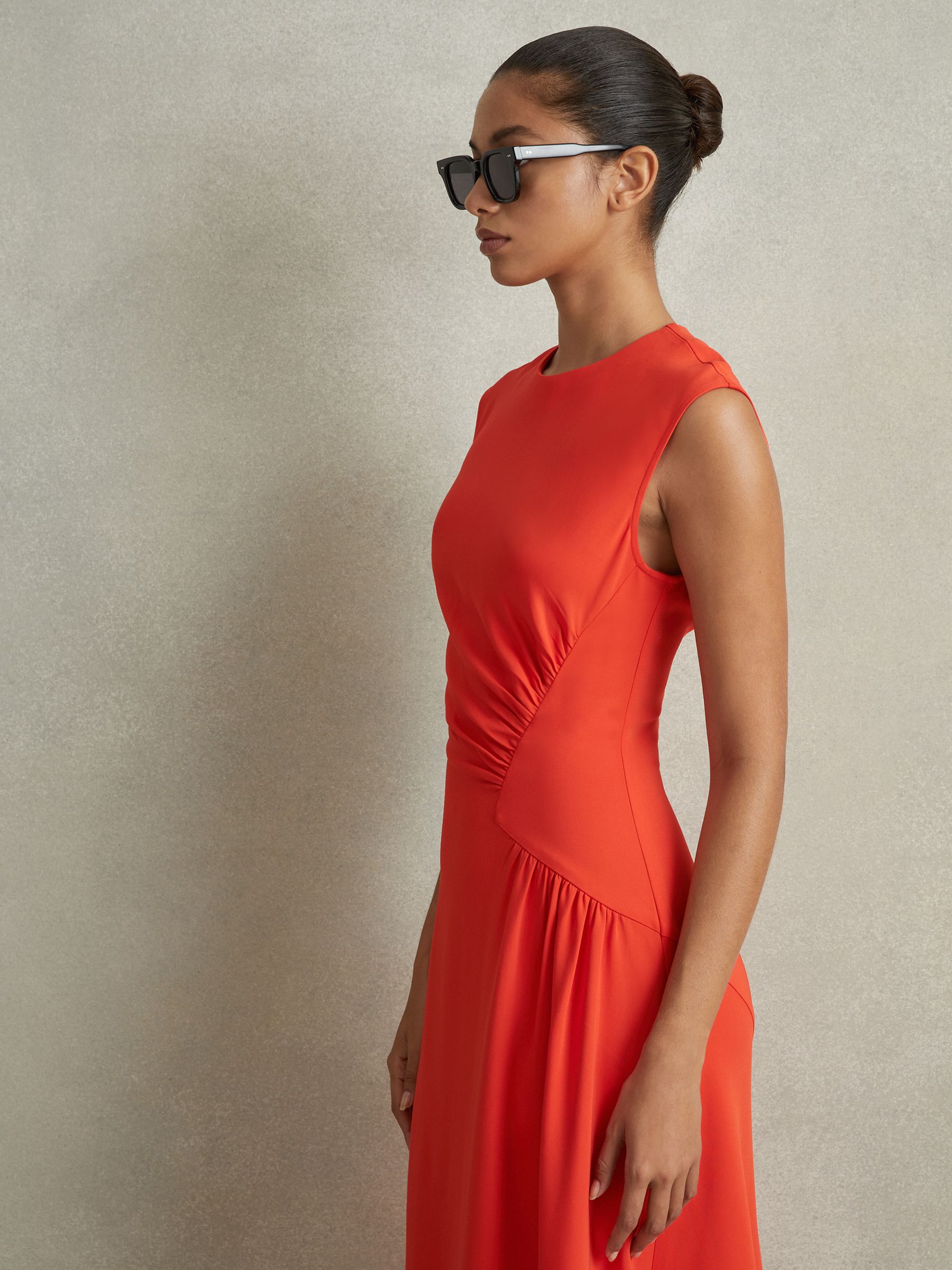 Ruched Midi Dress in Orange