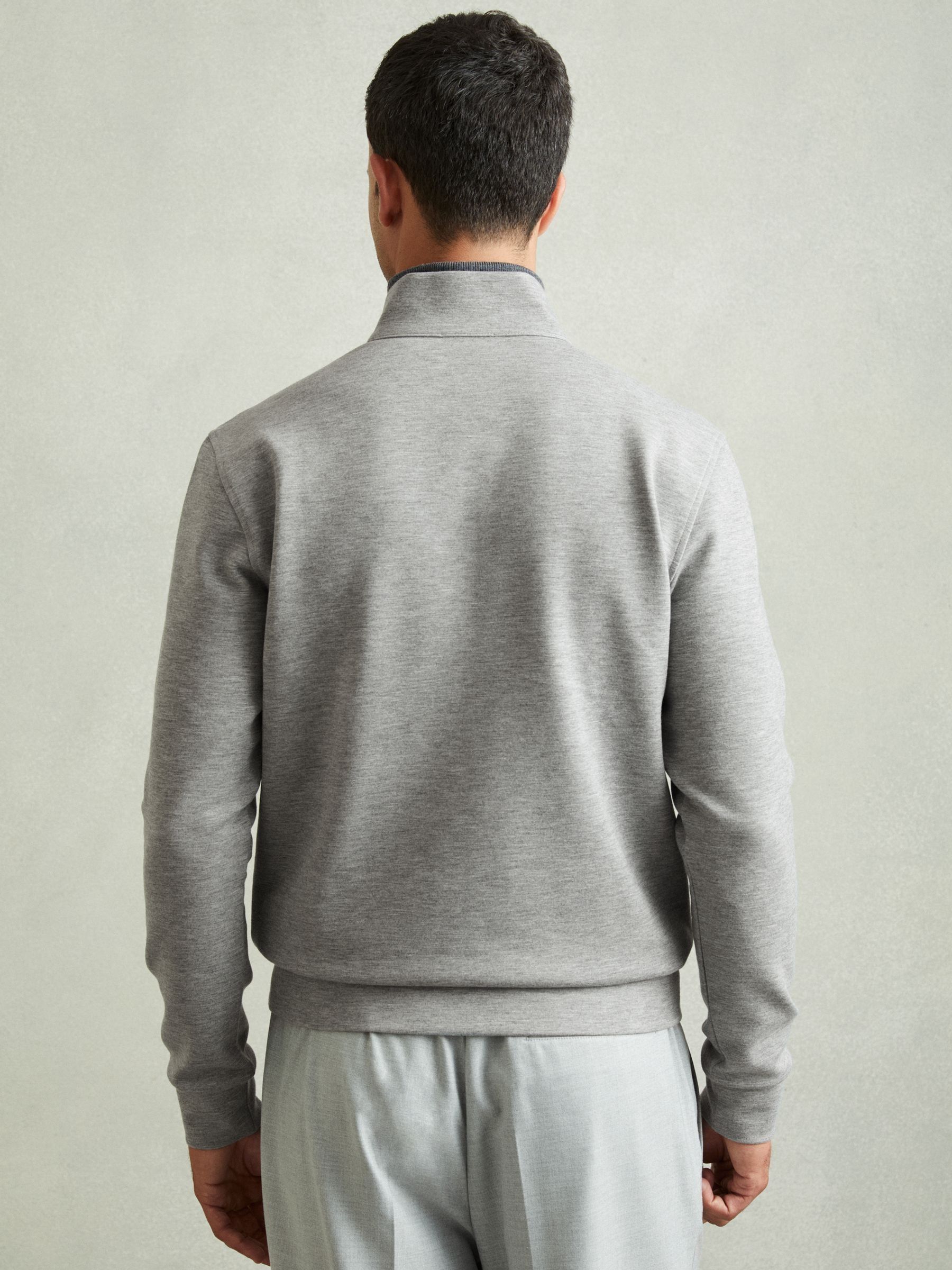 Leather-Placket Interlock-Jersey Sweatshirt in Grey Melange