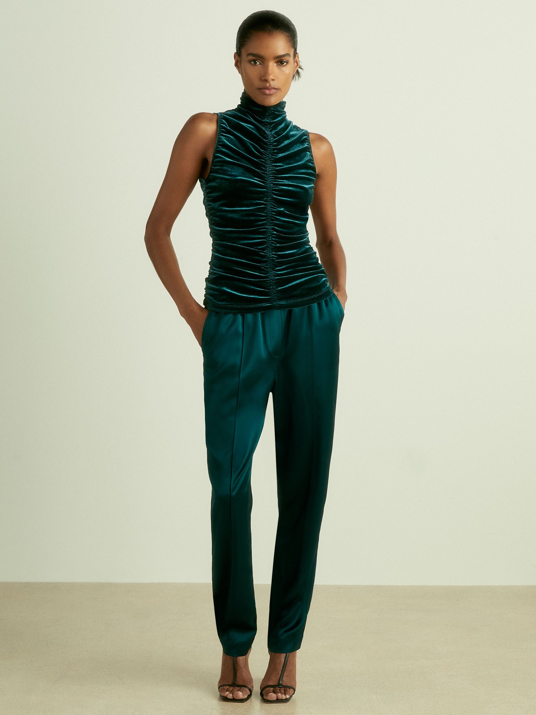 Racer-Front Ruched-Velvet Sleeveless Top in Teal