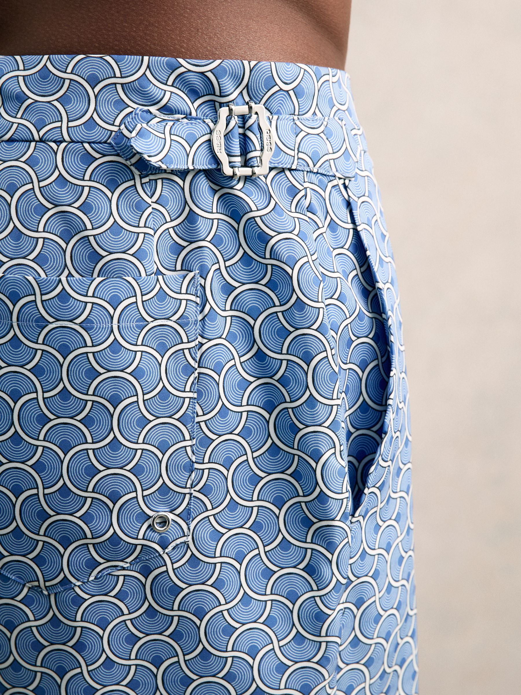 Geometric Print Swim Shorts in French Blue