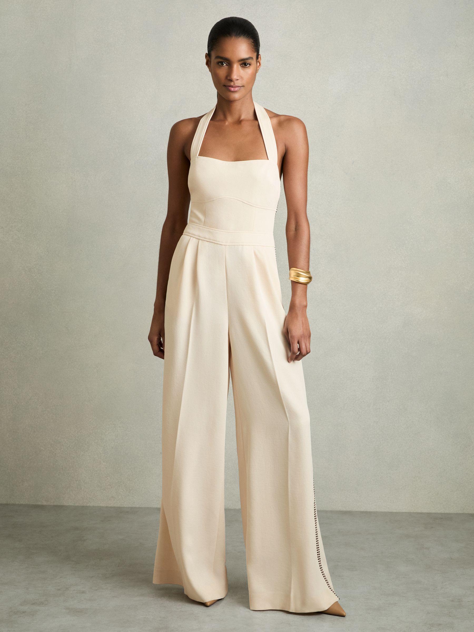 Petite Embroidery Halterneck Wide-Leg Jumpsuit in Cream