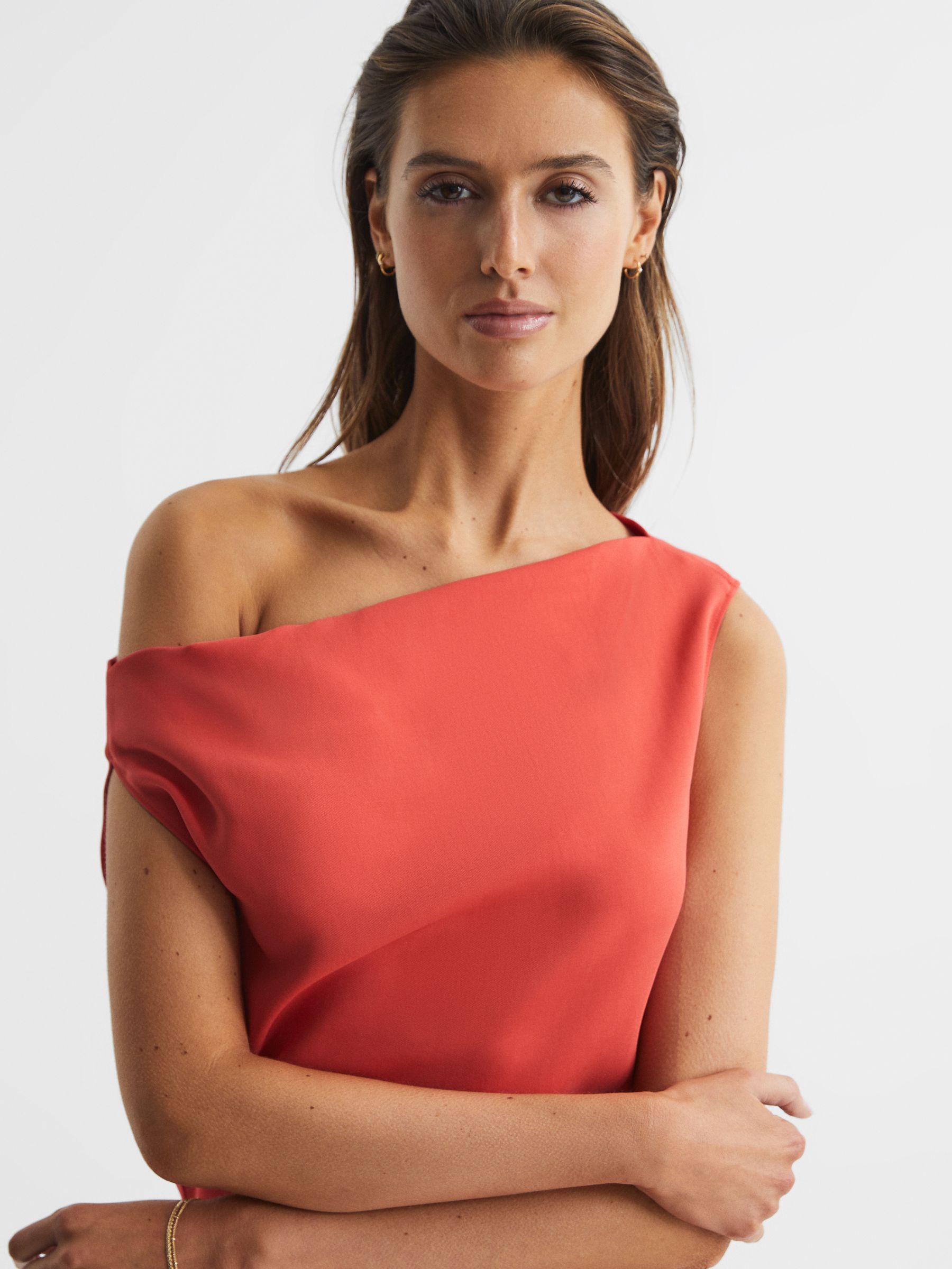Off-Shoulder Bodycon Midi Dress in Coral