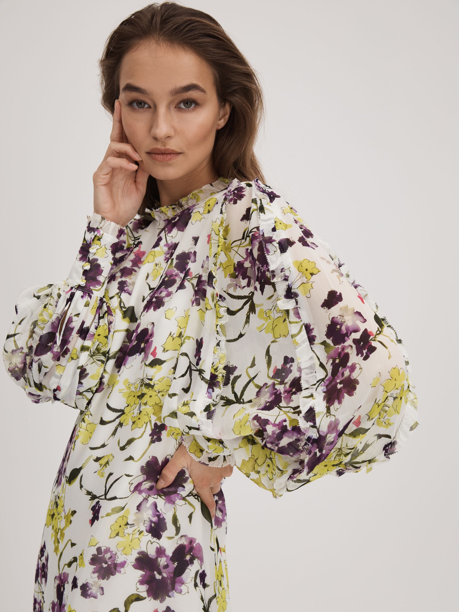 Florere Printed Blouson Sleeve Mini Dress in Ivory/Multi