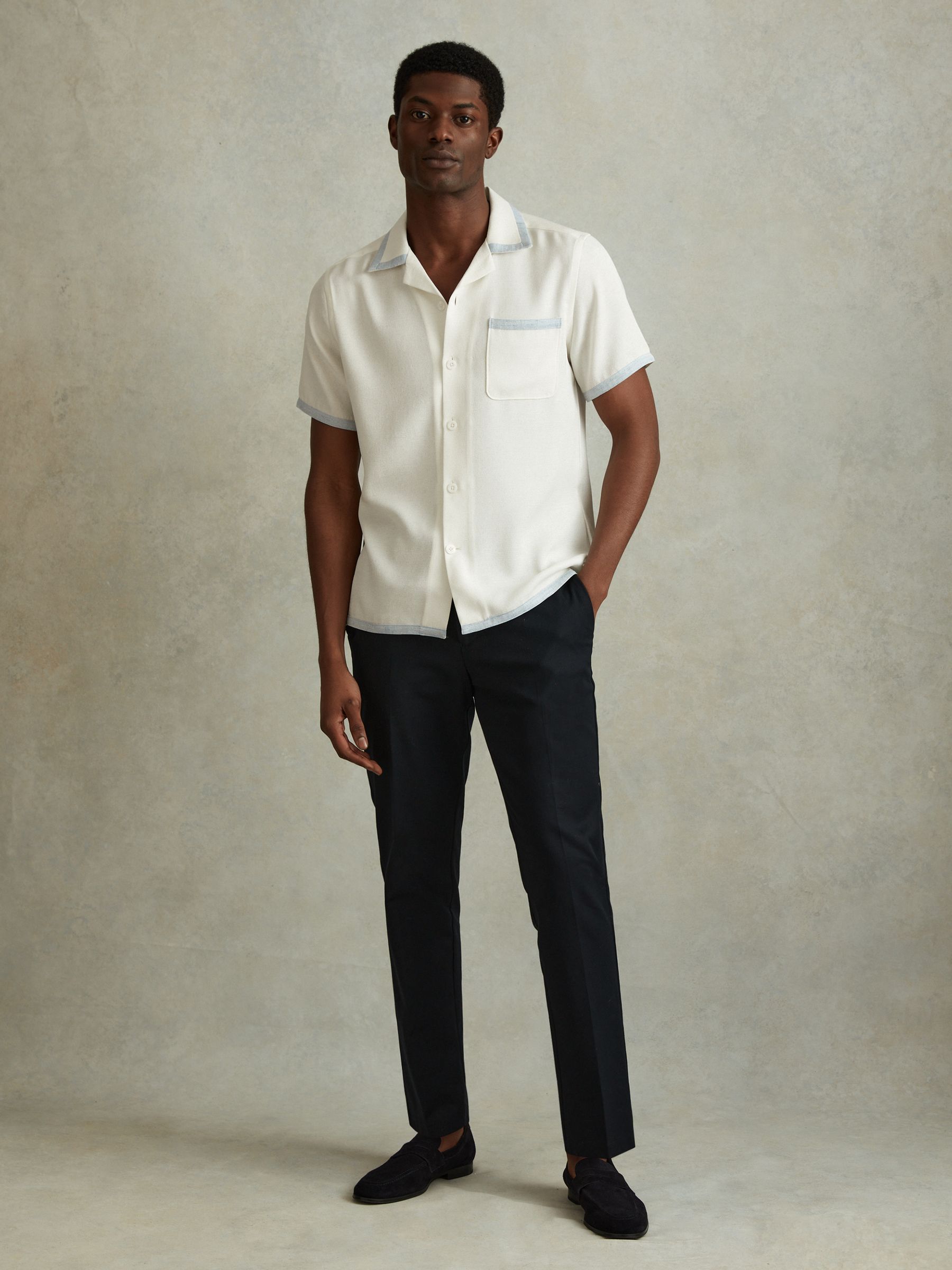 Contrast Trim Cuban Collar Shirt in Ecru/Soft Blue