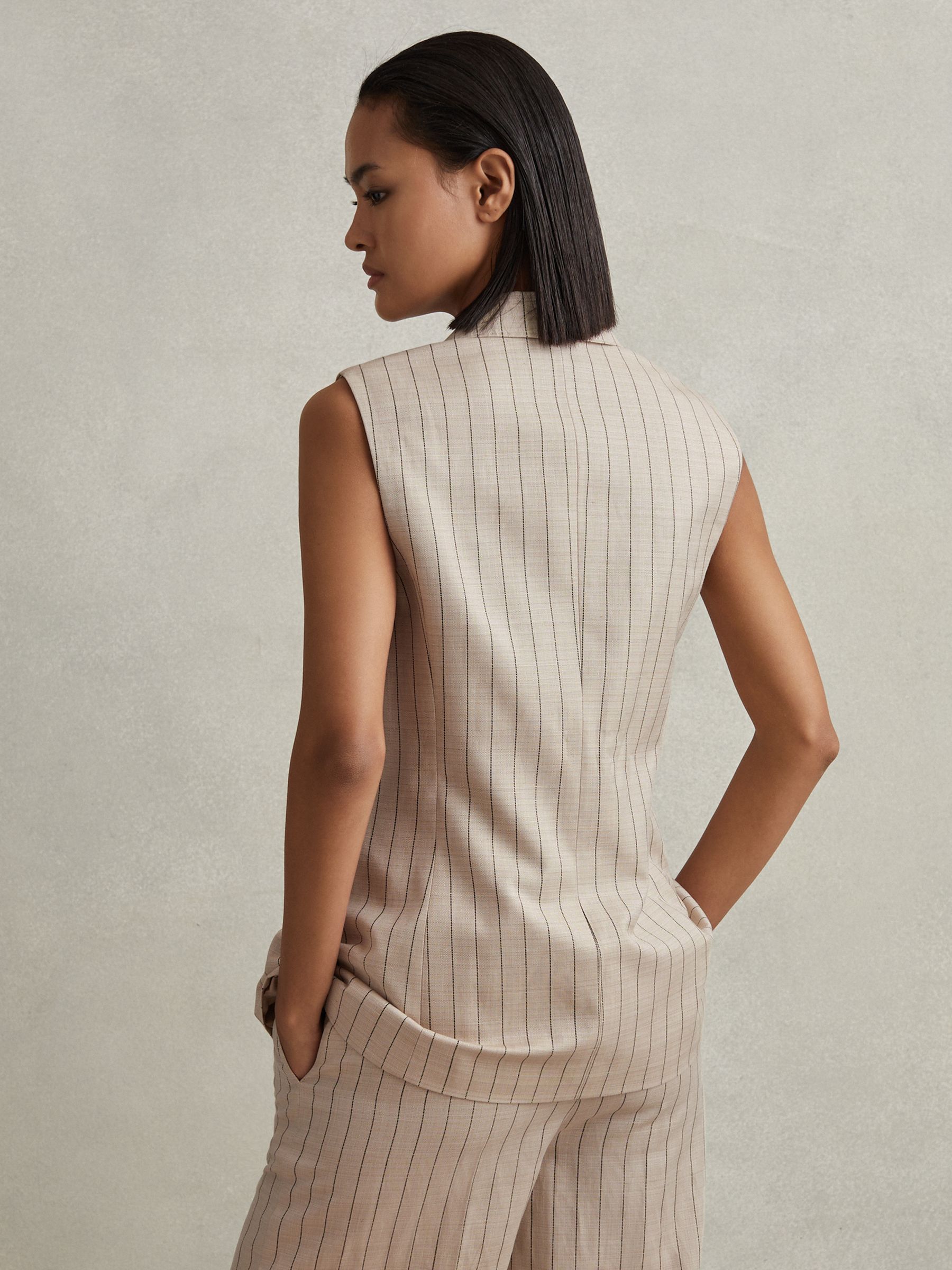 Wool Blend Striped Double Breasted Waistcoat in Neutral