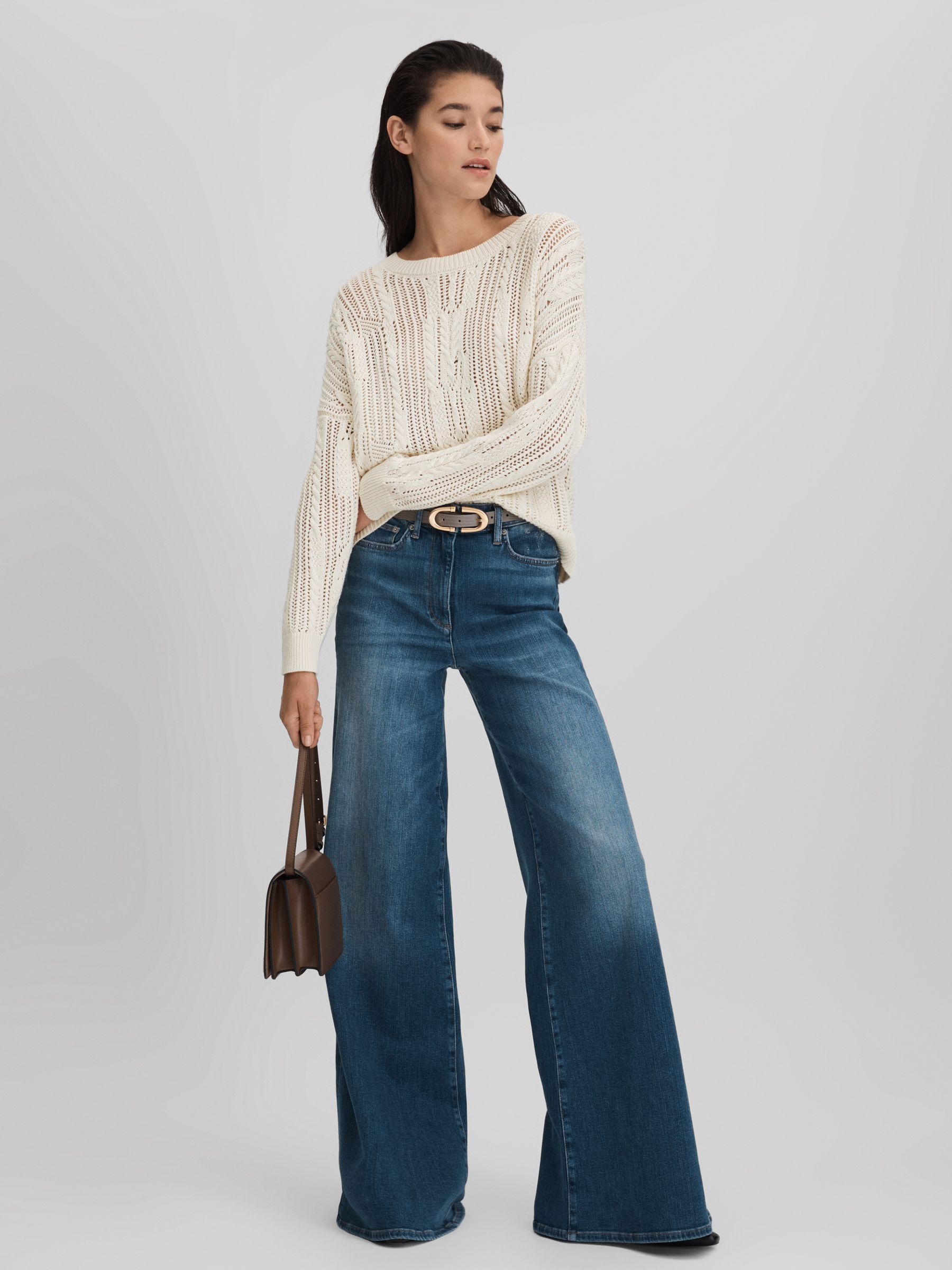 Cotton Blend Open Stitch Crew Neck Jumper in Ivory