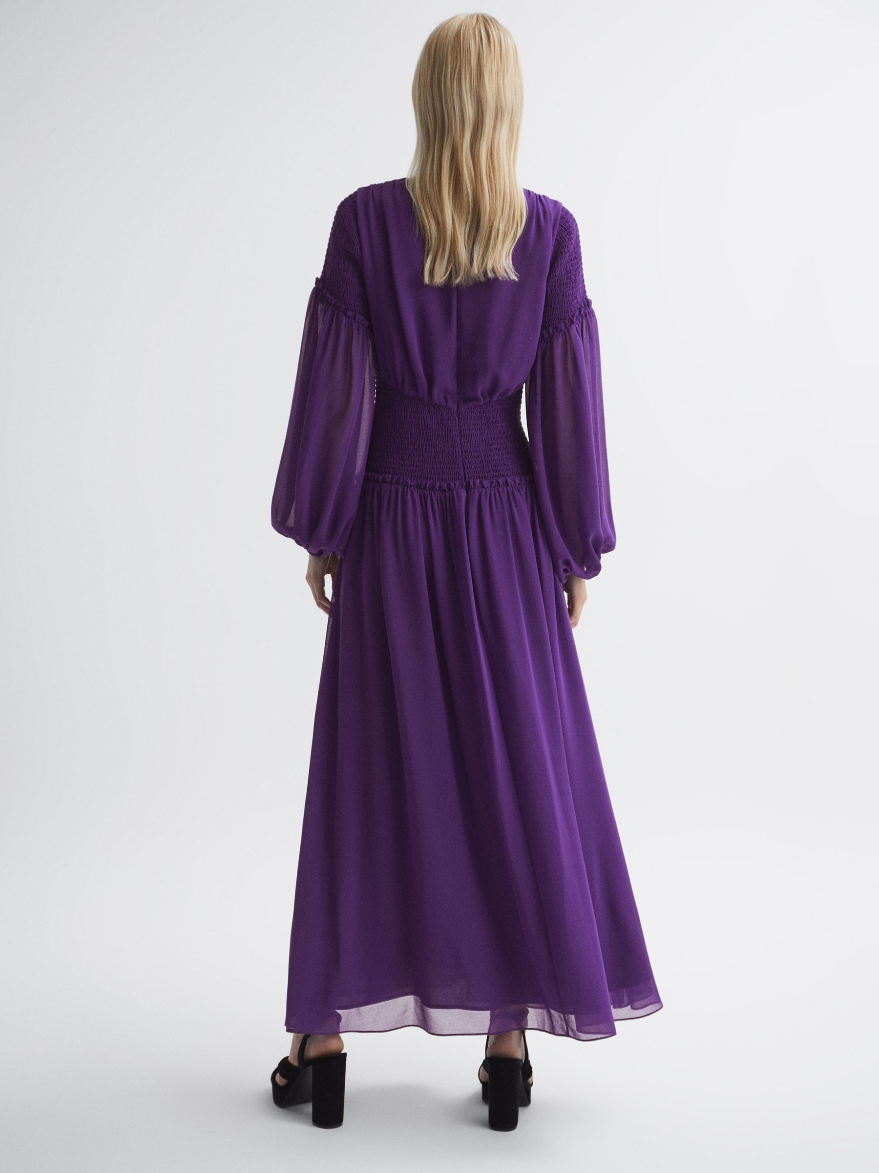 Florere Plunge Neck Shirred Maxi Dress in Dark Purple