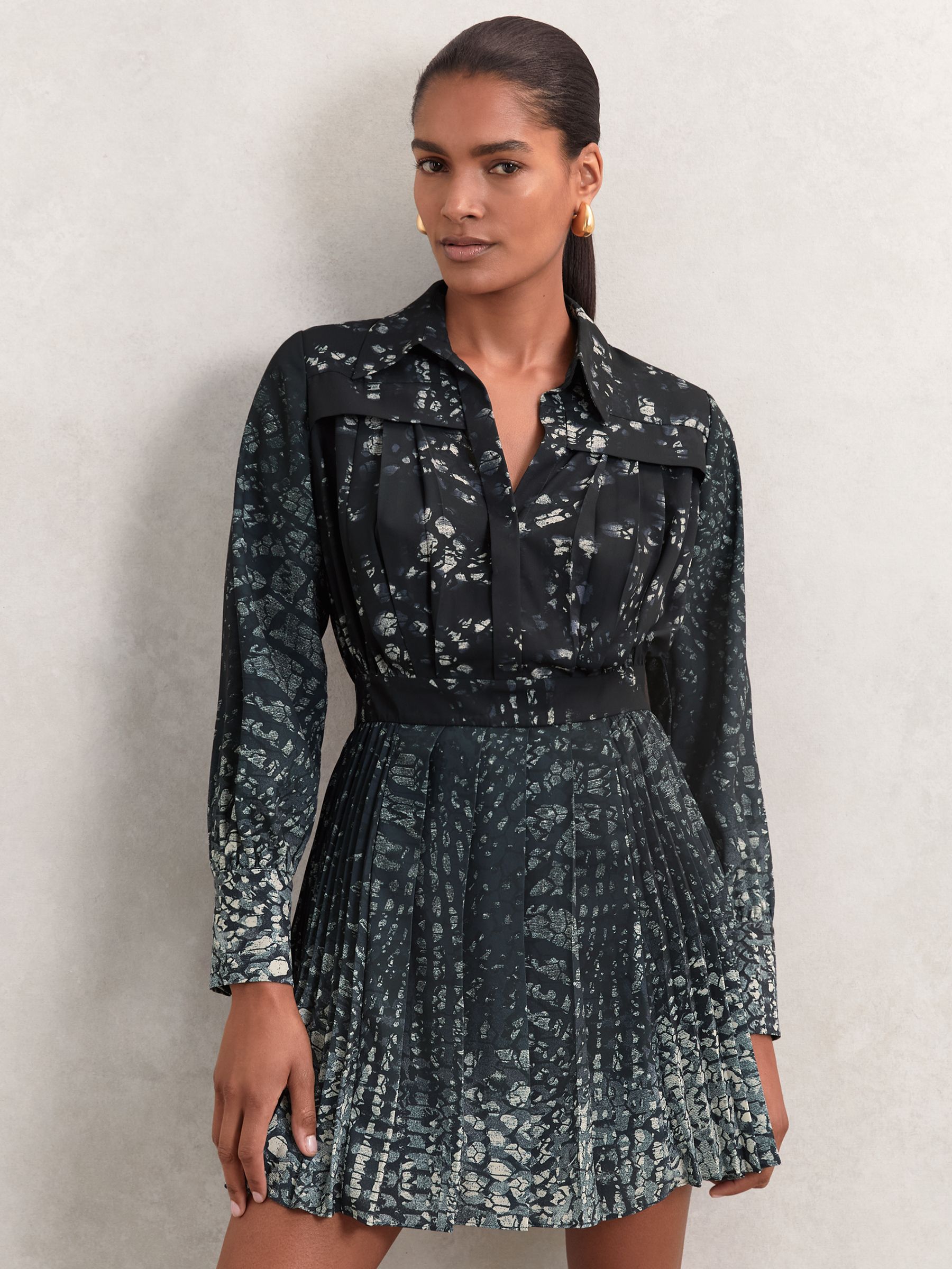 Printed Pleated Shirt Dress in Navy
