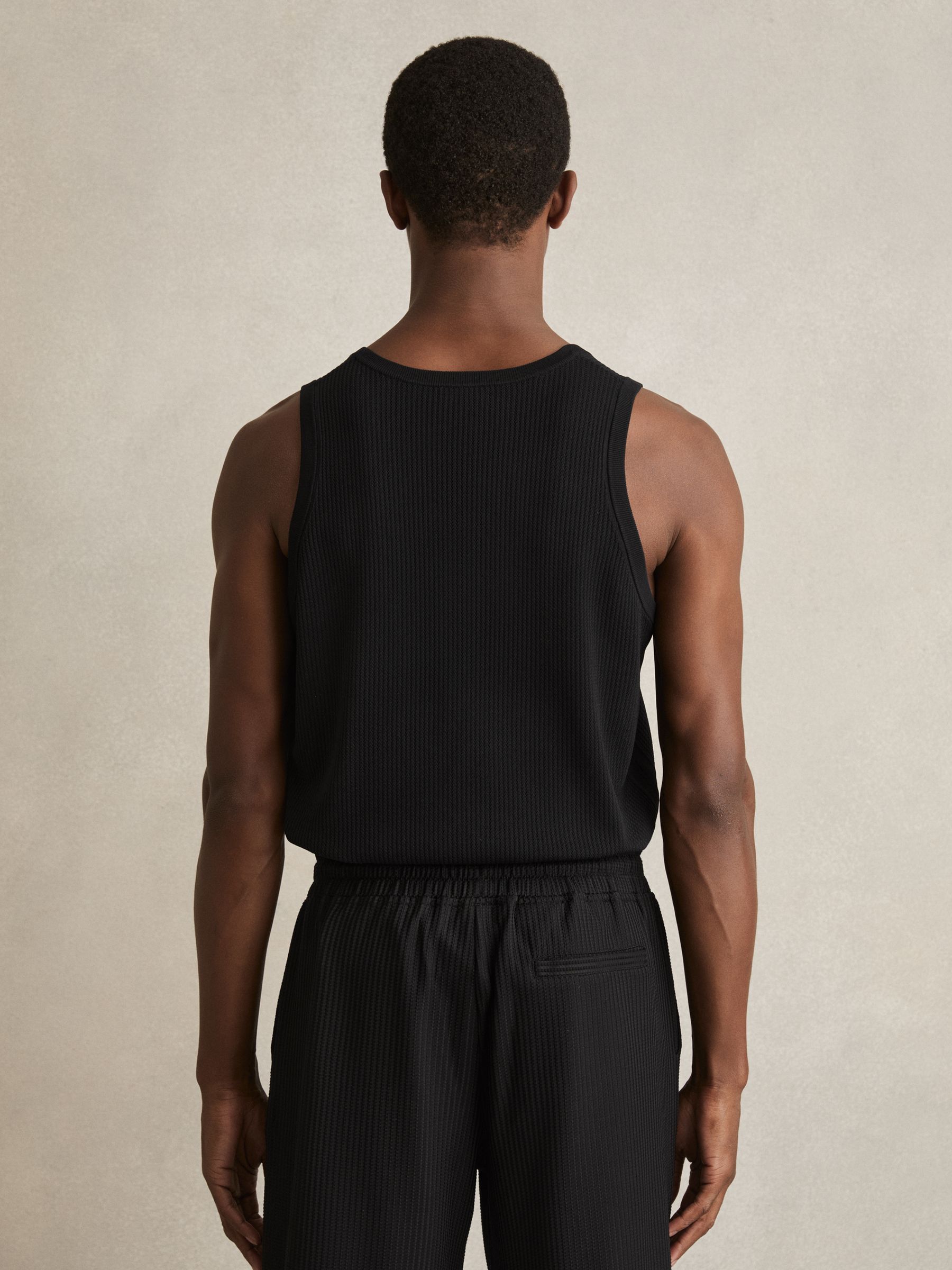 Textured Crew Neck Ribbed Vest in Black