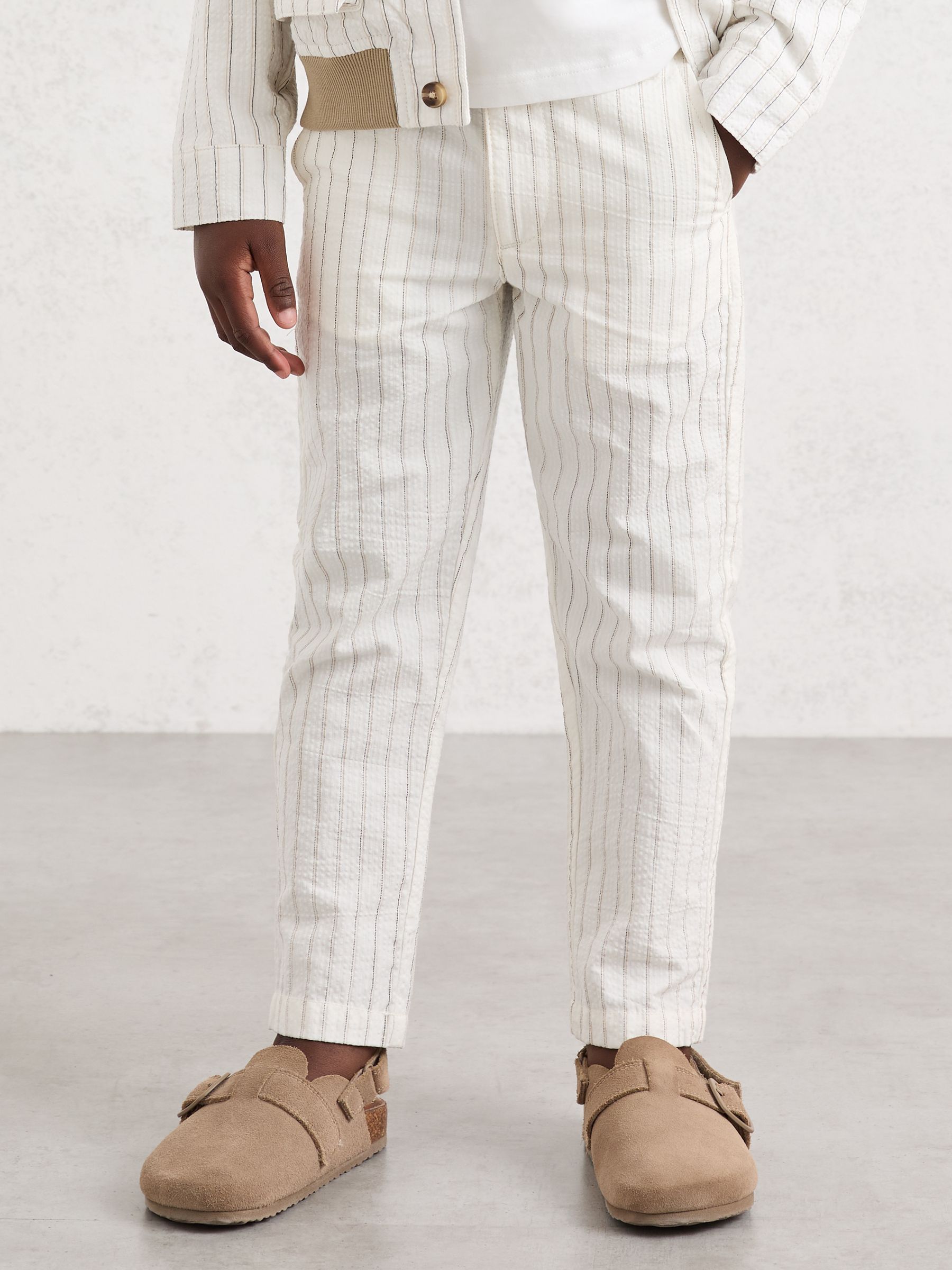 13-14 yrs Cotton Pinstripe Trousers Regular-Fit in Off White/Taupe Brown