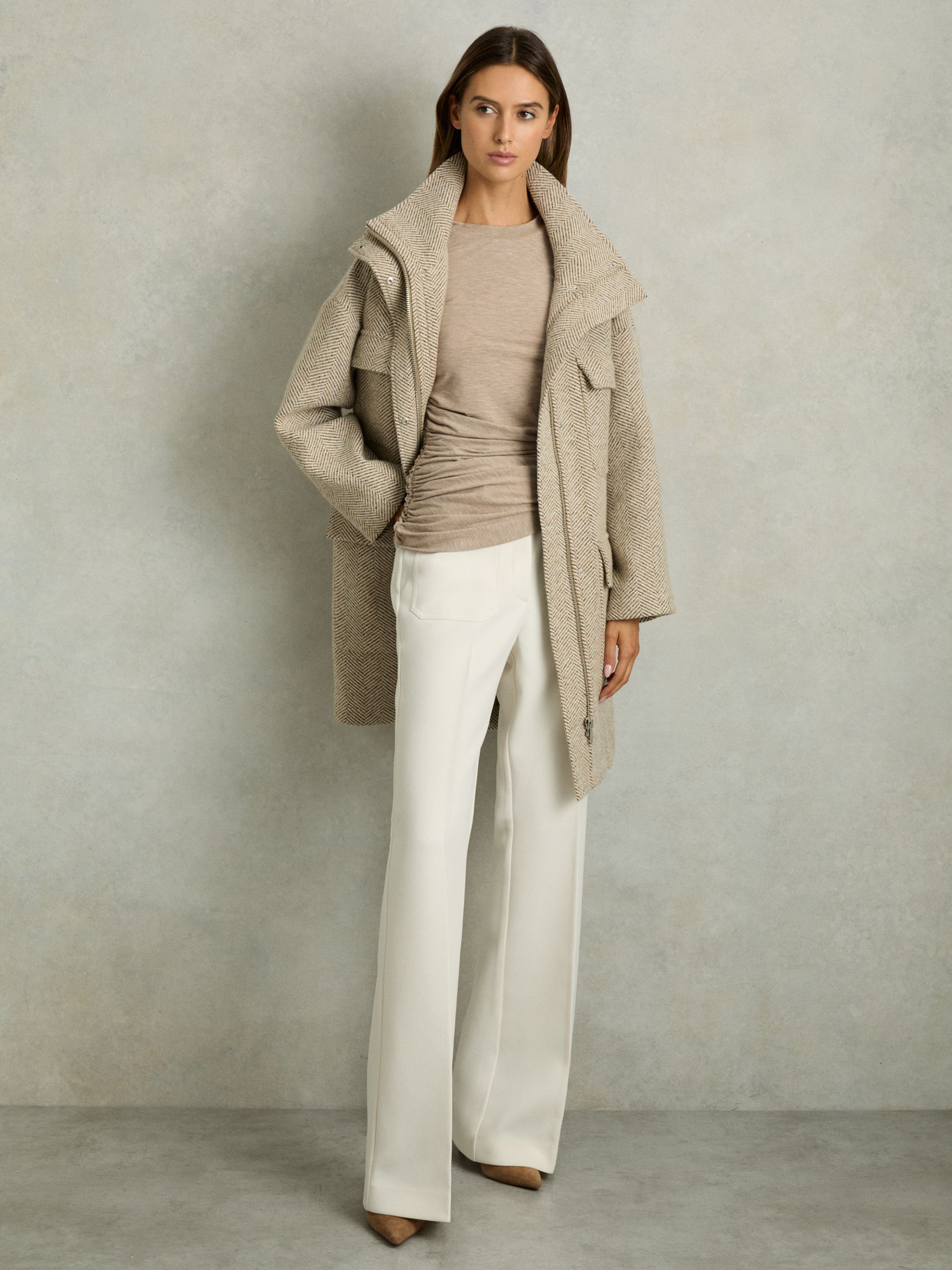 Asymmetric Ruched Top With Wool in Neutral