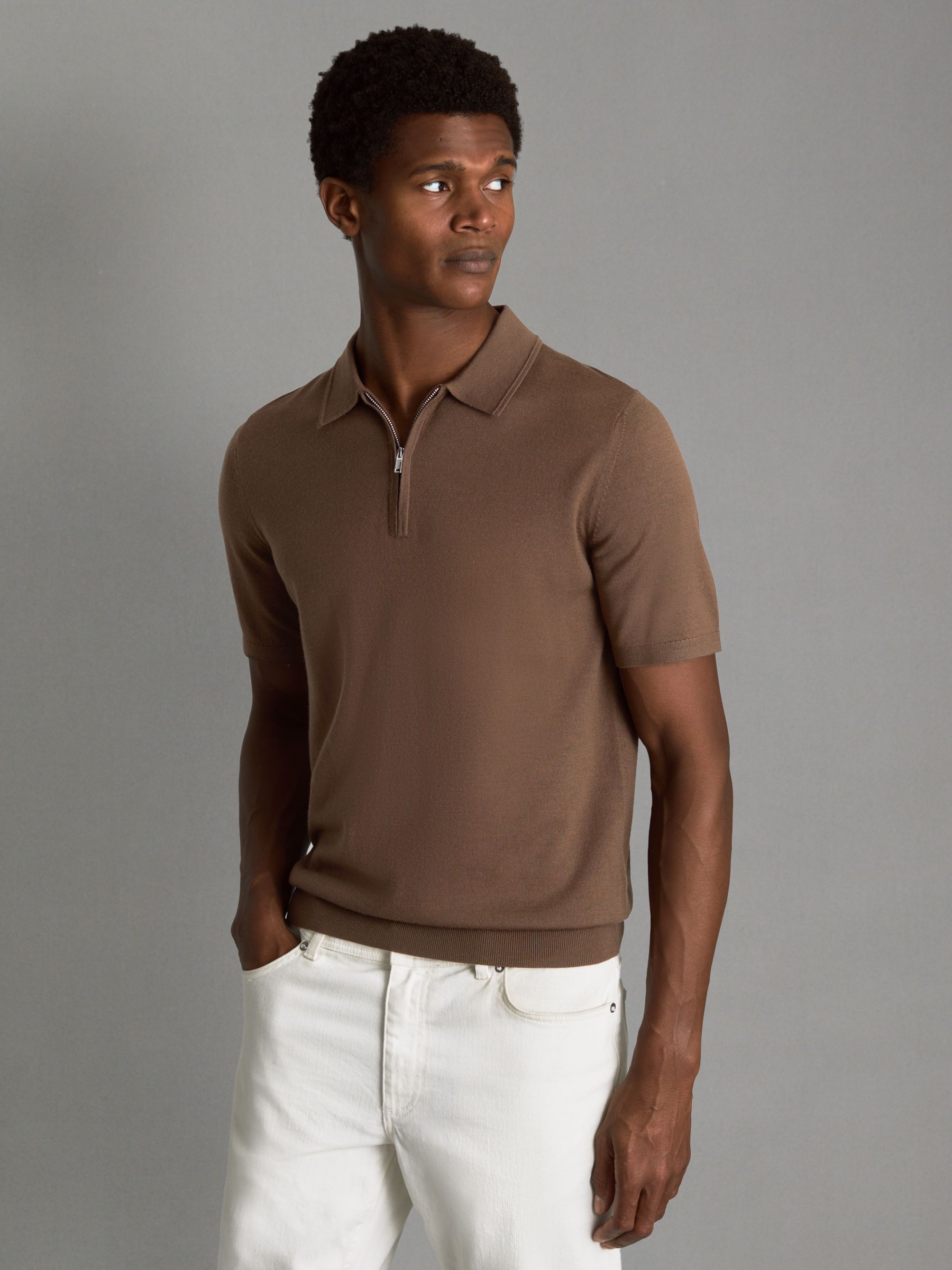 Merino Wool Half-Zip Funnel Neck Jumper in Pecan Brown