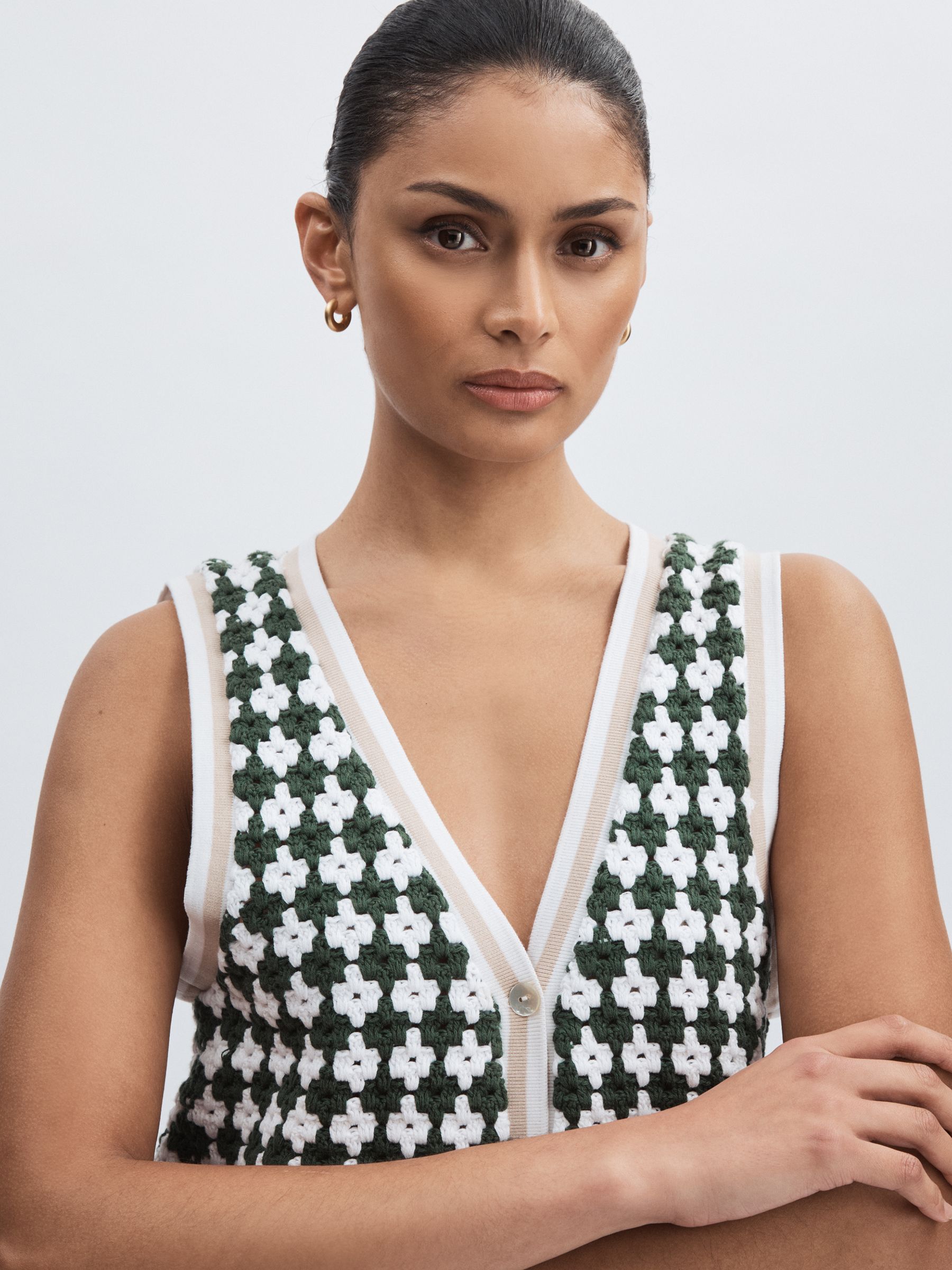 Crochet Button Through 100% Cotton Vest in Green