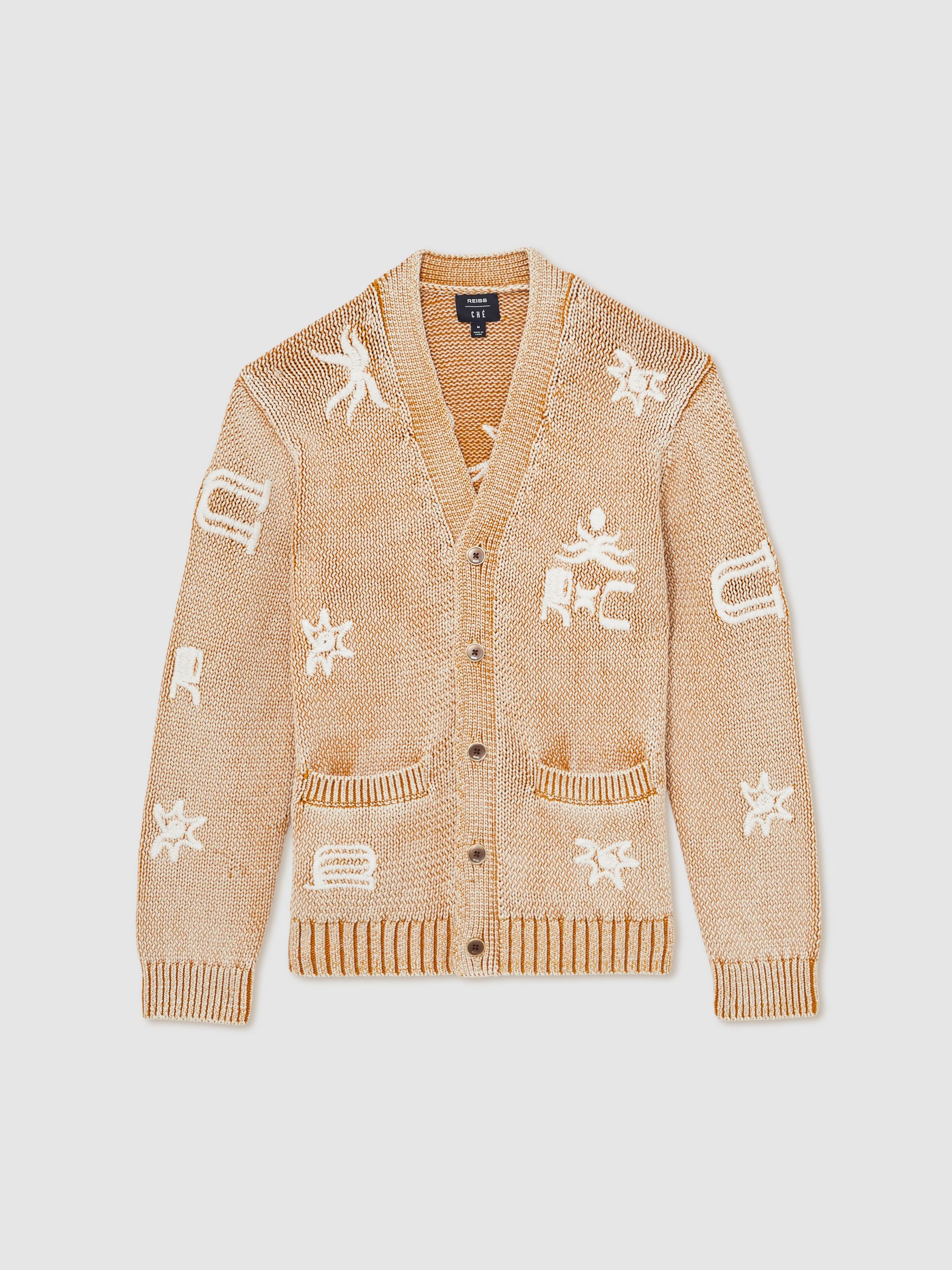 Reiss | Ché Motif-Embroidered Cardigan in Camel