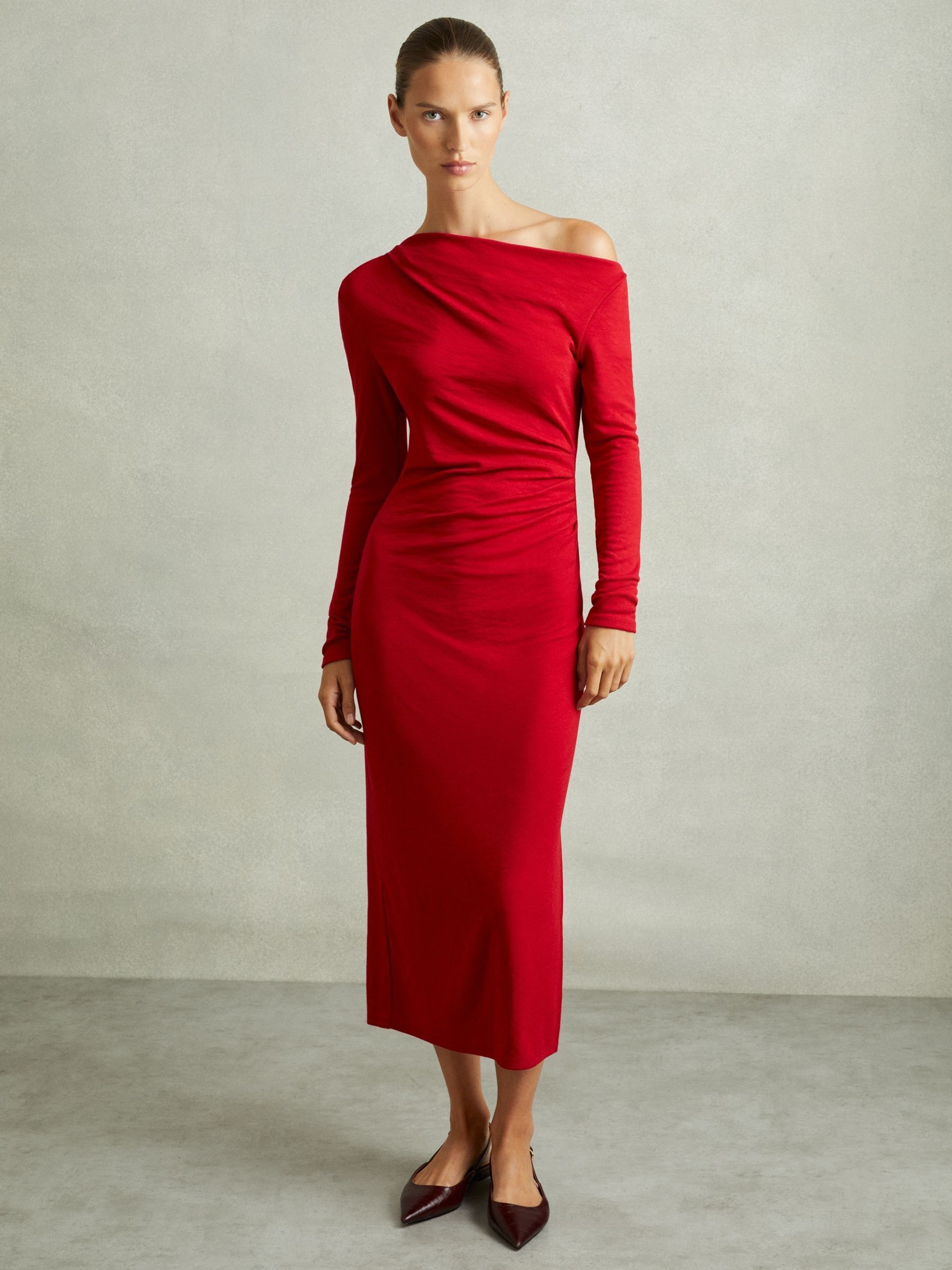 Off-The-Shoulder Jersey Midi Dress in Red