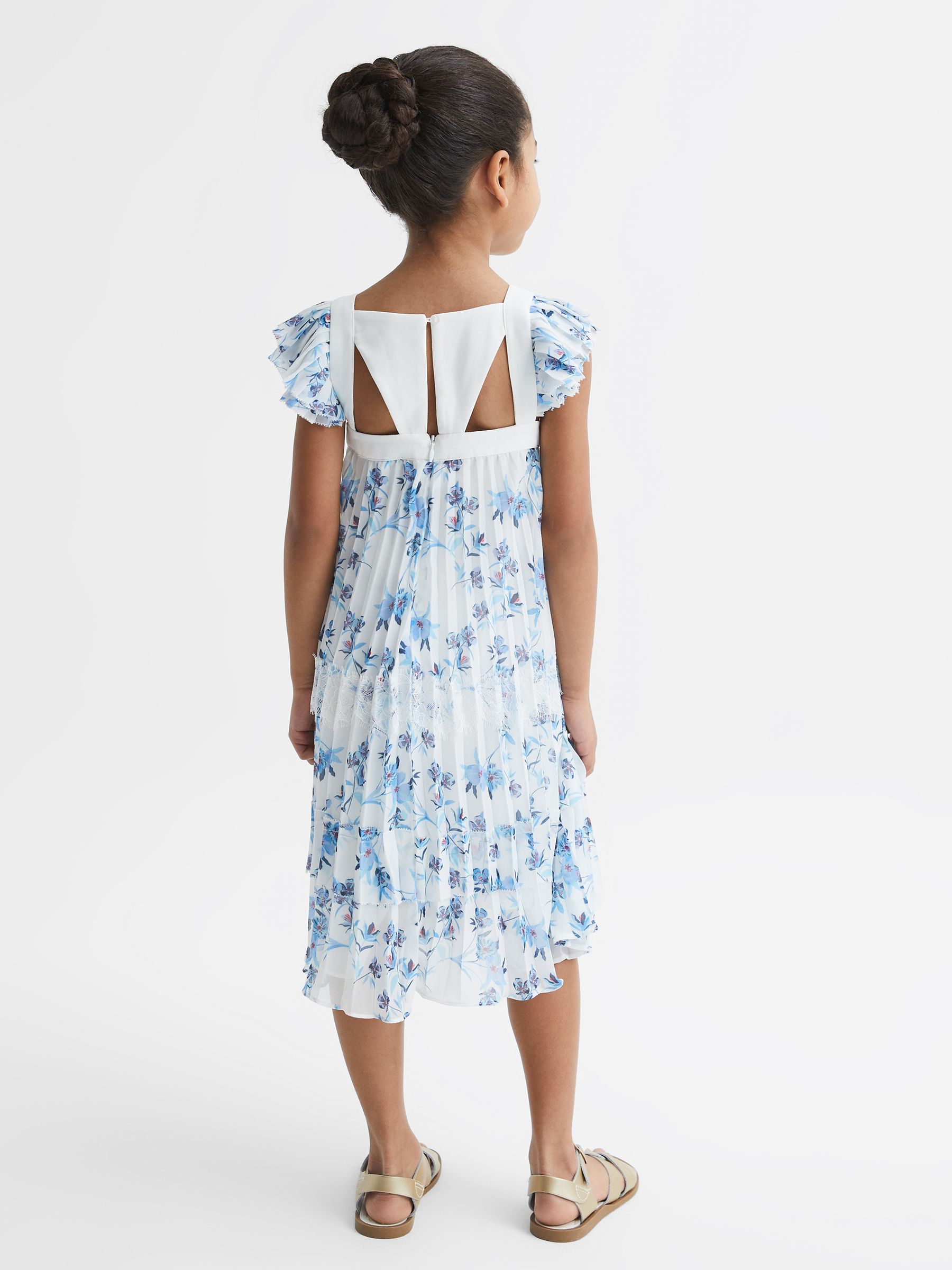 Floral Printed Pleated Dress in Blue Print