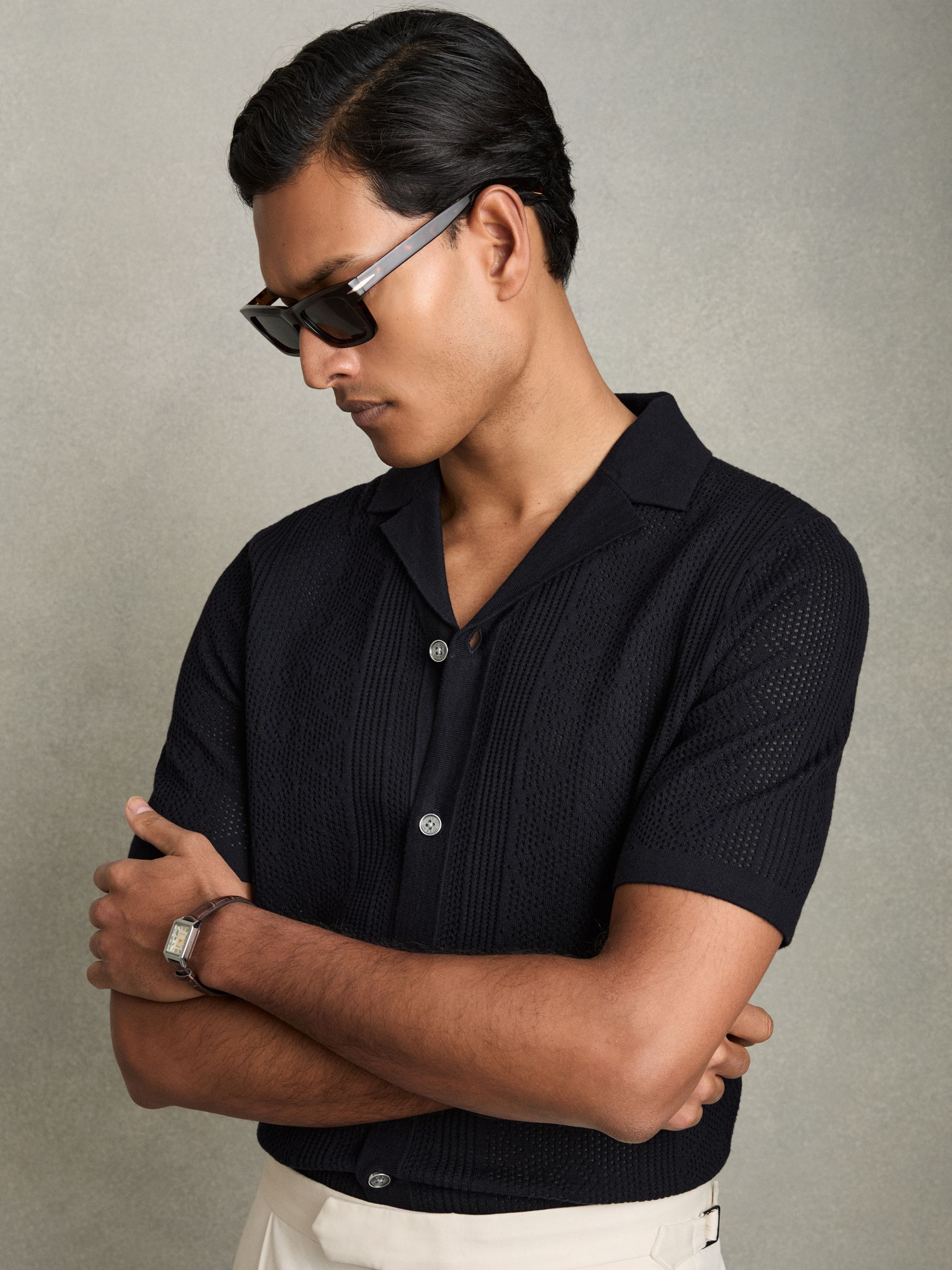 Textured-Knit Short-Sleeve Shirt in Navy