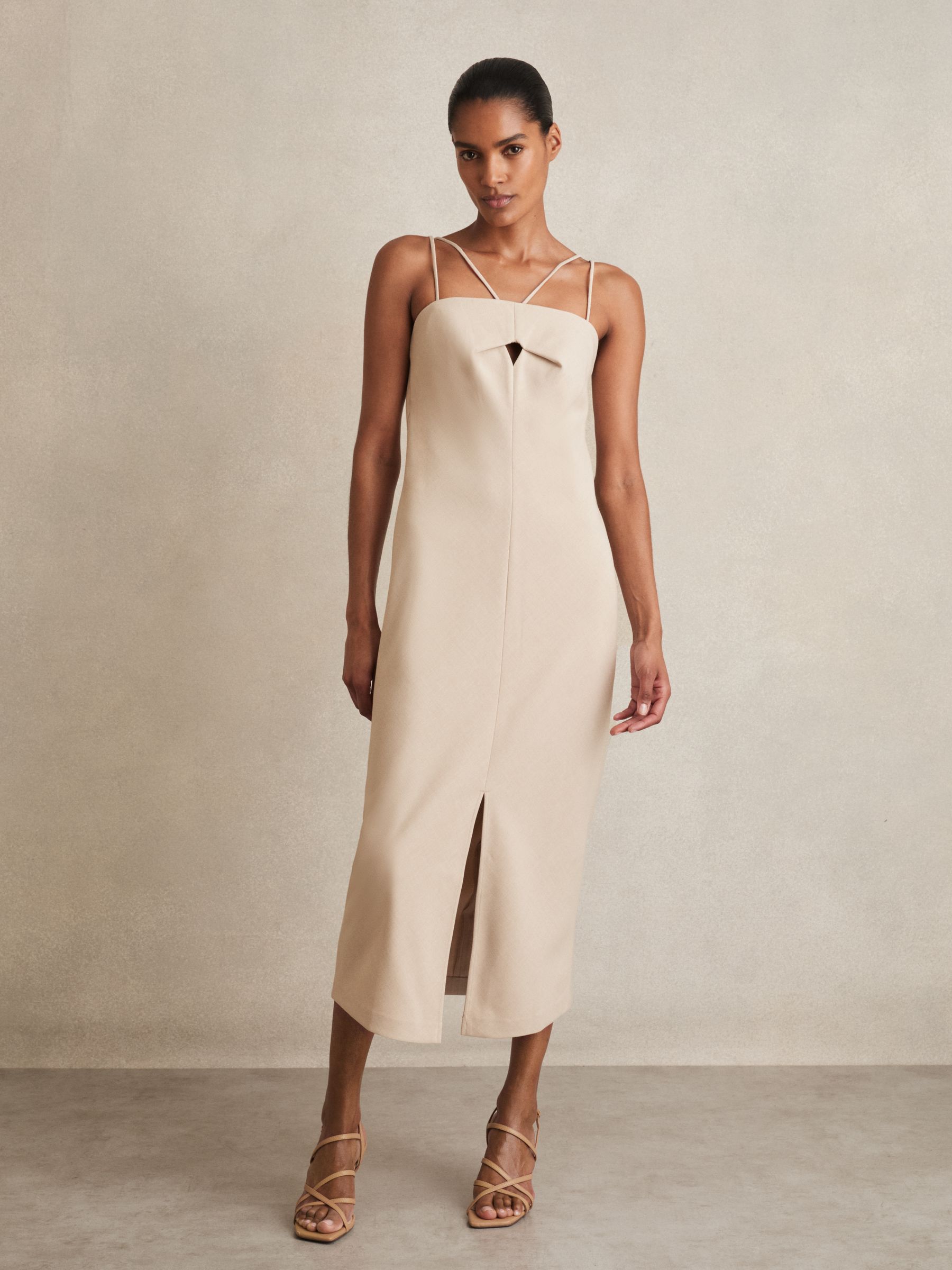 Double Strap Cut Out Midi Dress in Stone Neutral