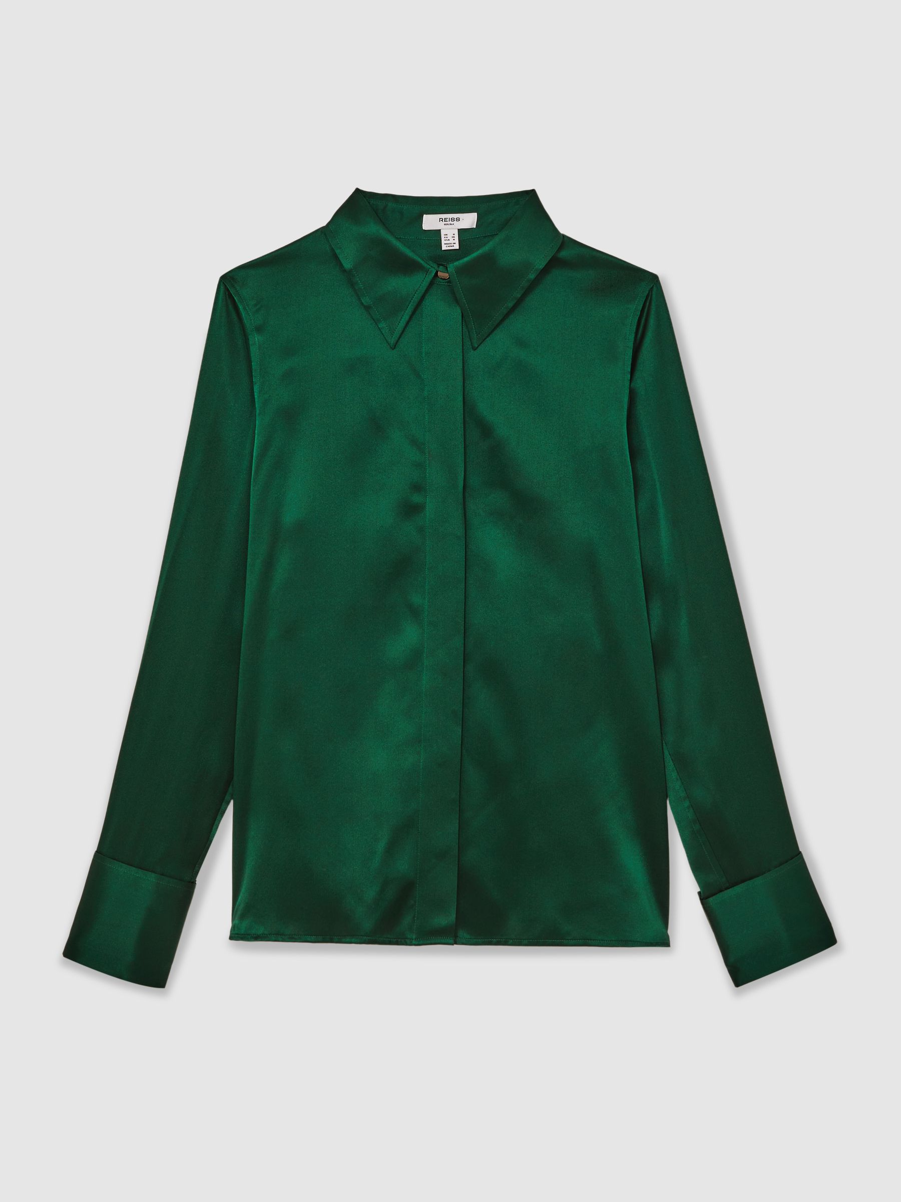 Silk-Satin Concealed-Placket Shirt in Green