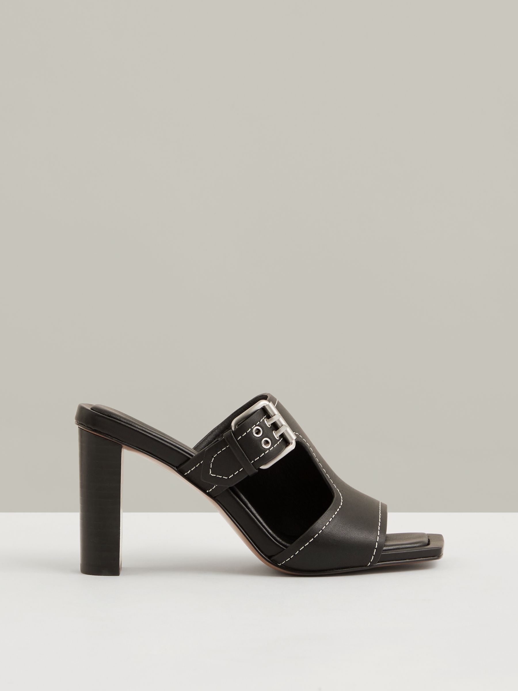 Leather Buckle Block-Heel Sandals in Black