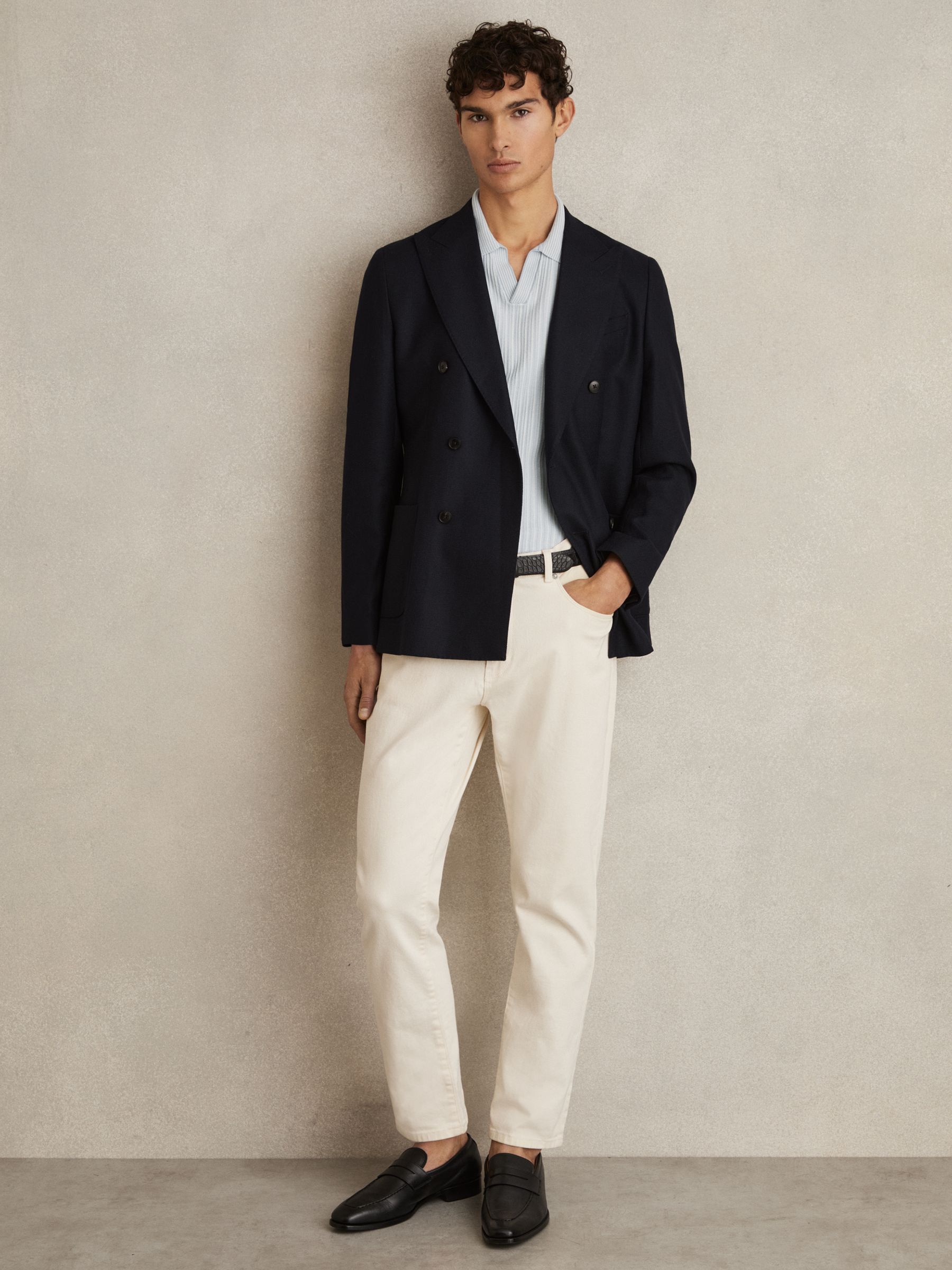 Open-Collar Textured Polo Shirt in Soft Blue/White