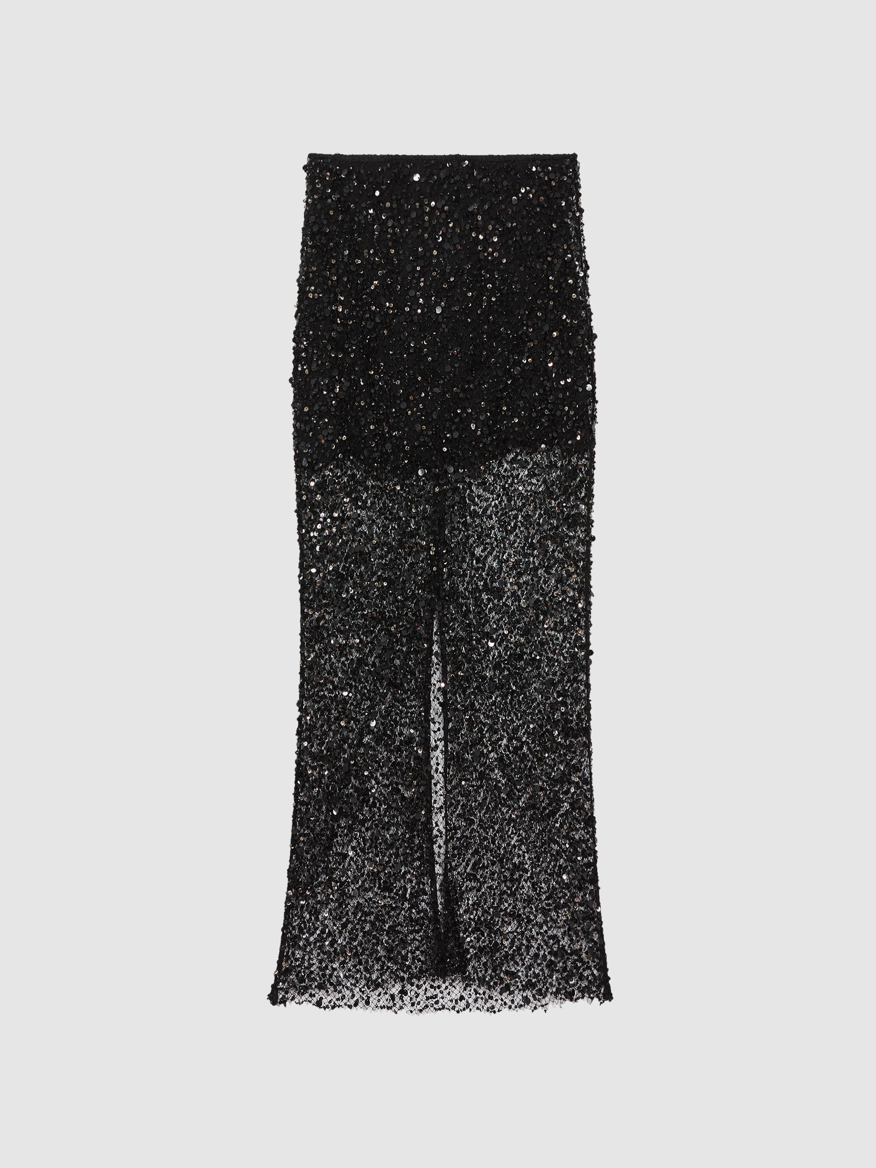 Anna Quan Embellished Netted Midi Skirt in Black