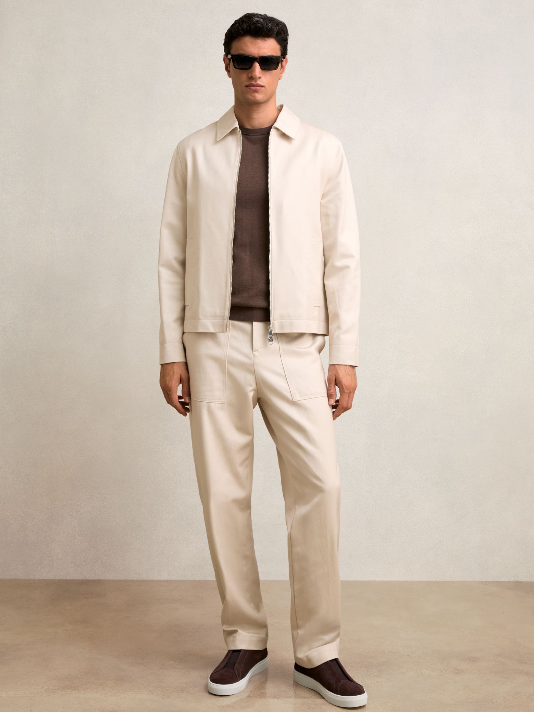 Lyocell-Cotton Zip-Through Twill Jacket in Ecru