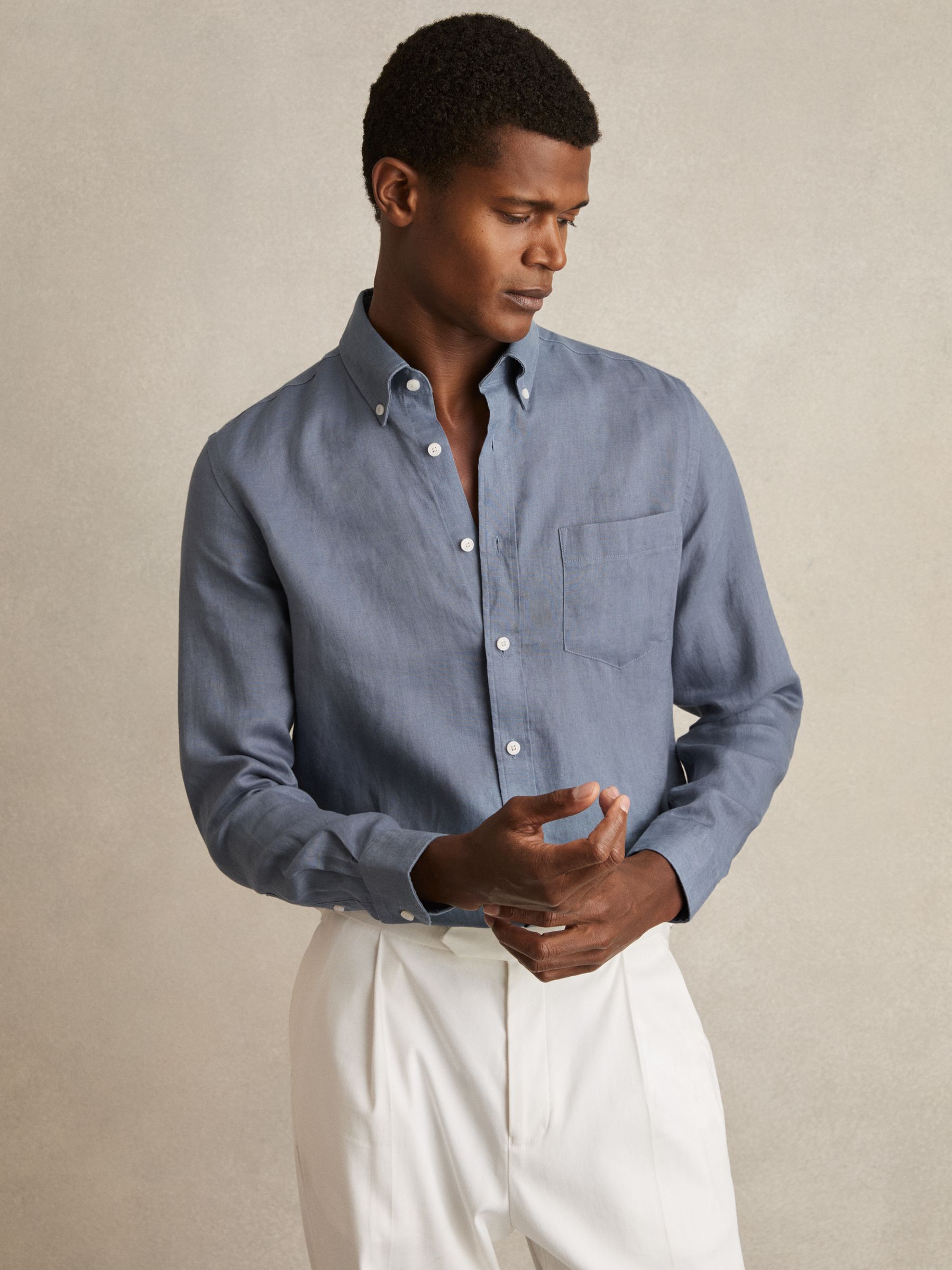 Linen Button-Through Shirt in Airforce Blue