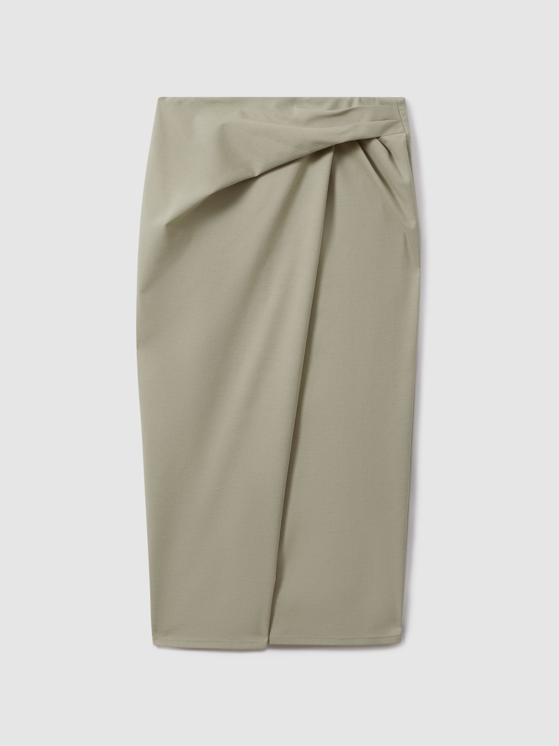 Cotton Blend Wrap Front Midi Skirt in Khaki
