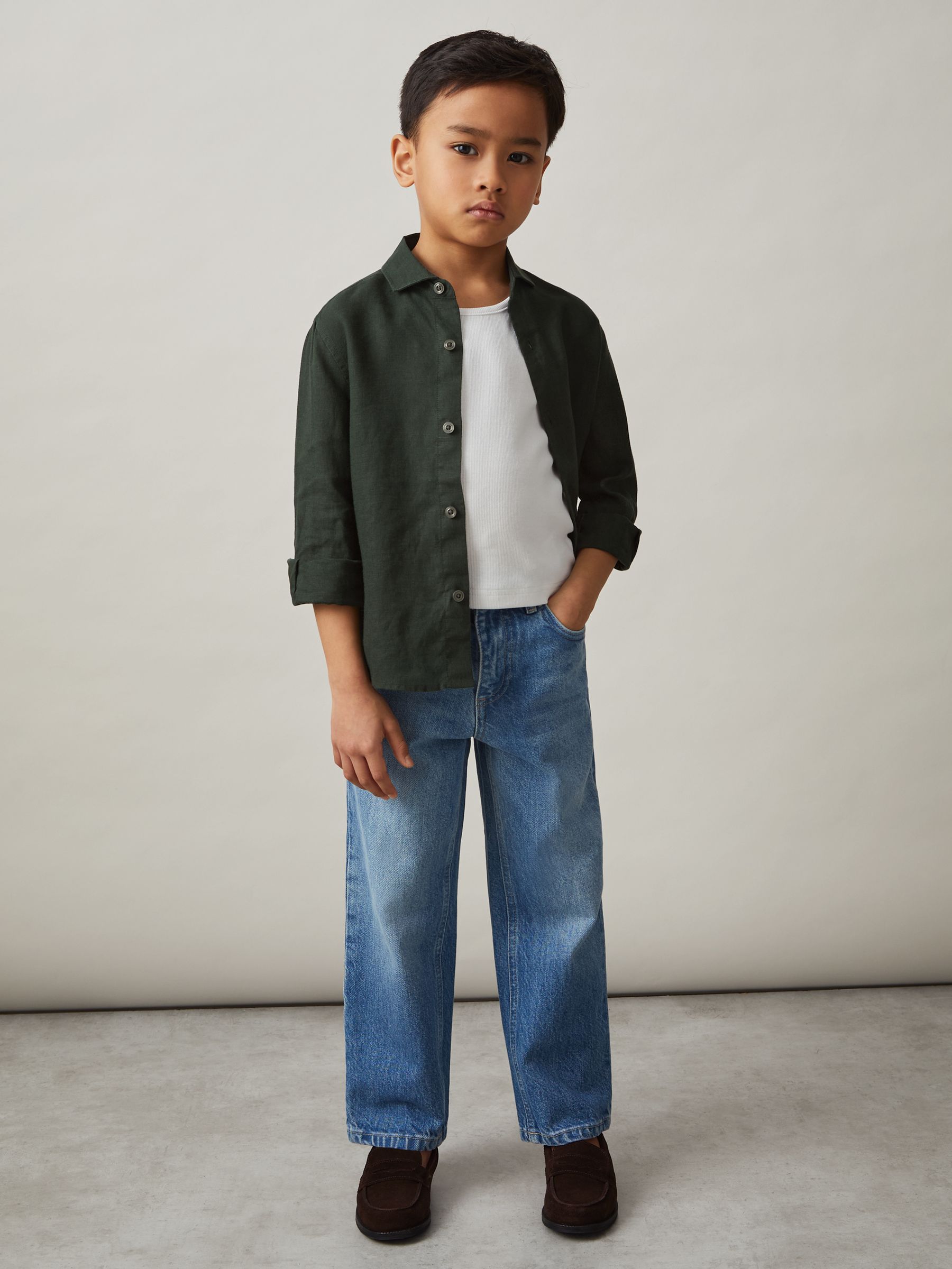 3-9 yrs Linen Cutaway Collar Shirt in Dark Green