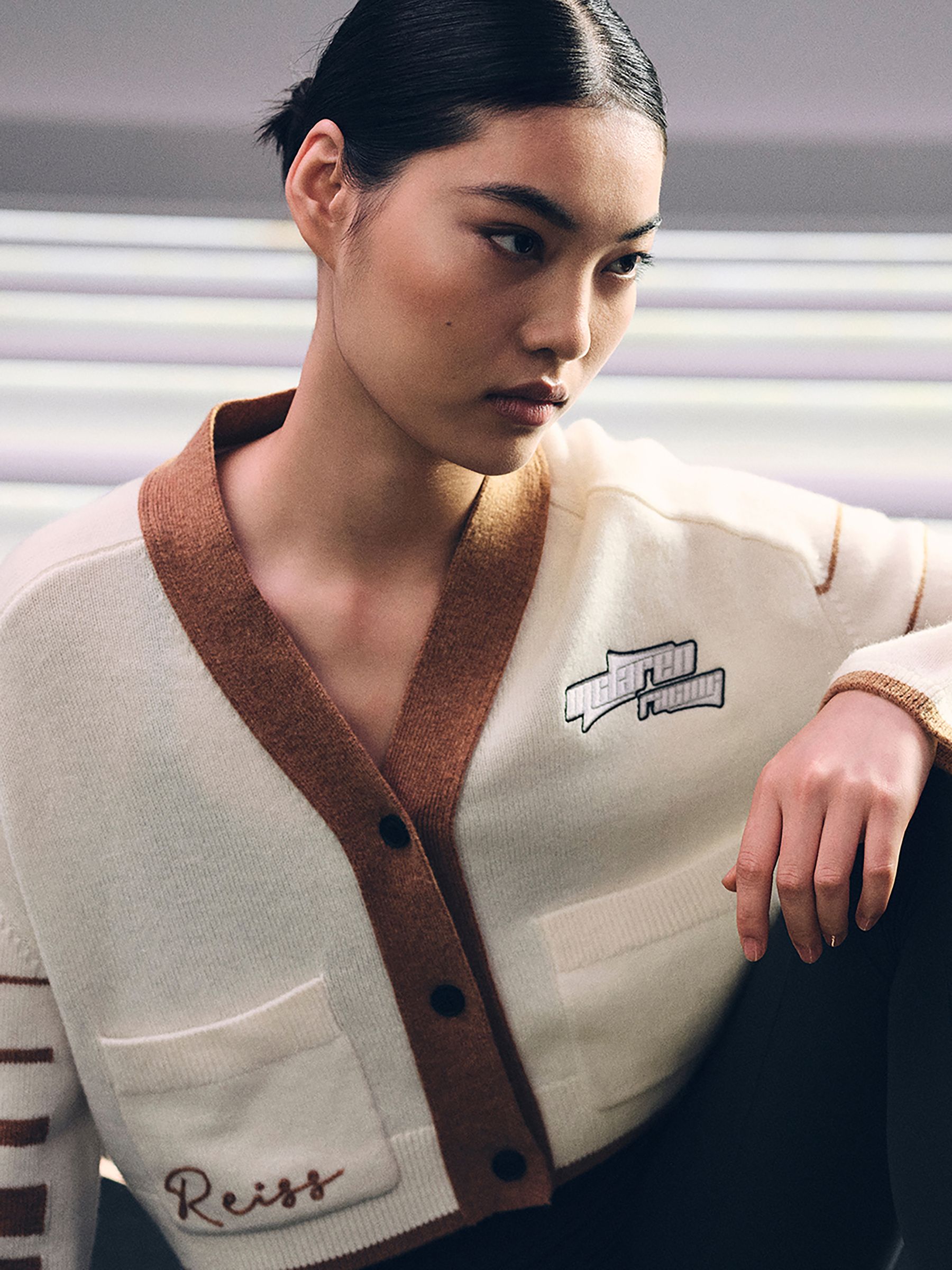 McLaren F1 Team Crop Varsity Cardigan in Off White/Camel